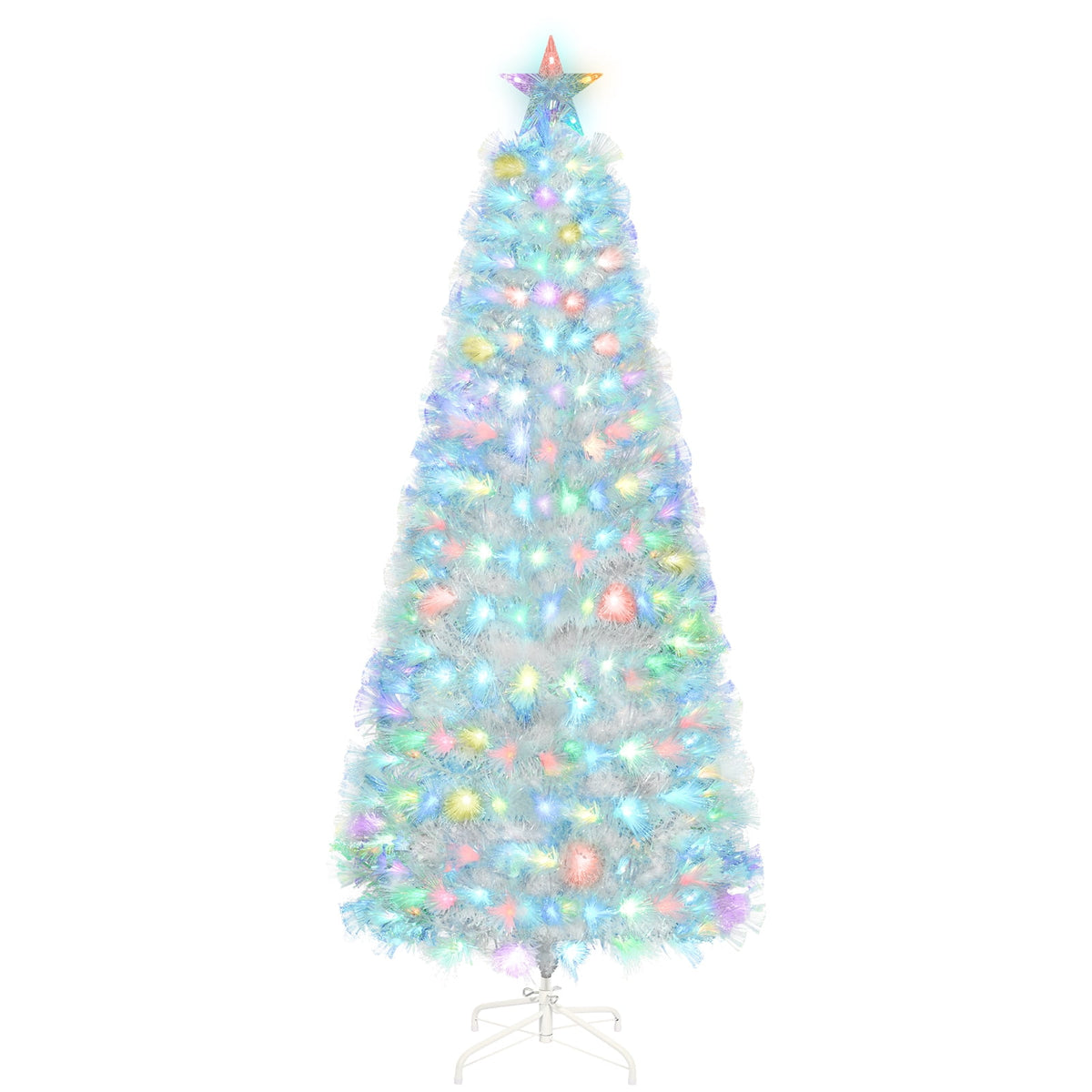 Vowella 6ft Fiber Optic Christmas Tree, Pre-Lit White Tree with Color Changing Lights & Star Topper & Sturdy Base for Home & Party