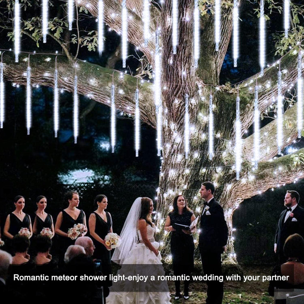 Rirool White Solar Meteor Shower Lights, 20 in 8 Tube 288 LED Raindrop Icicle Lights with Remote Timer, Waterproof Outdoor Snowfall Christmas Wedding Eave Tree Decor for Holiday Yard Patio