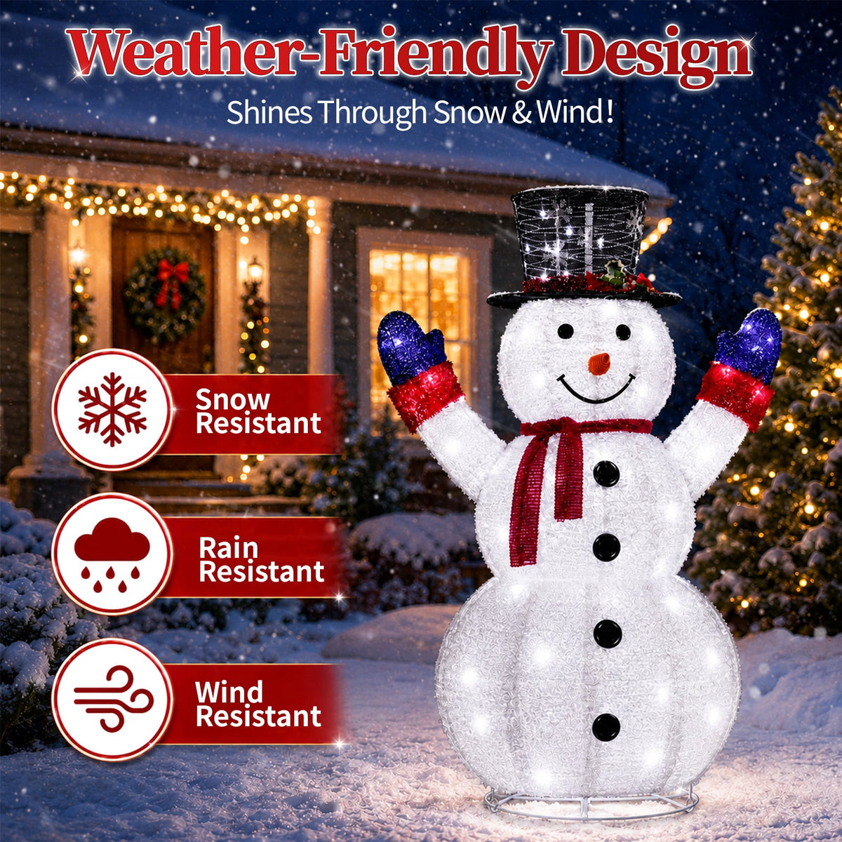 4ft Lighted Christmas Pop Up Snowman, Collapsible Large Velvet Snowman with 120 Cool White LED Lights, Indoor Outdoor Yard Porch Garden Holiday Party Decorations