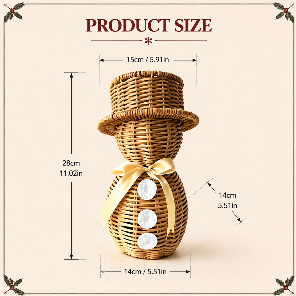 FeiBiQiuBi 14.9" Resin Rattan Style Snowman, Rustic Snowman Decorations with Bow, Woven Natural Style Freestanding Design Winter Farmhouse Decor for Home Kitchen Garden, Holiday Table Mantel Decor