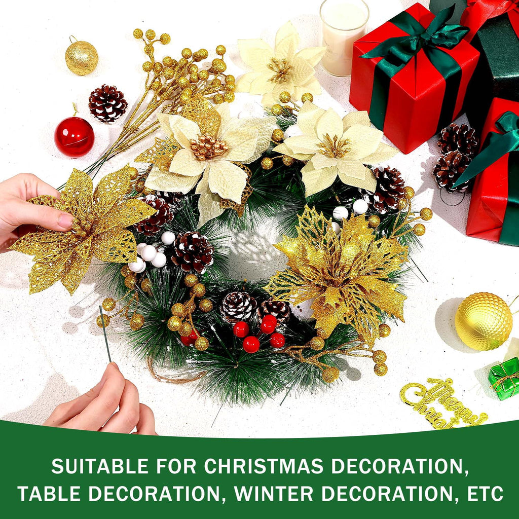 Ayieyill 56Pcs Poinsettia Christmas Flowers Decorations Christmas flower ornaments Artificial Glitter Berry Stems Christmas Pine Cones Christmas Tree Ornaments Set Christmas Tree Decorations (Pink)