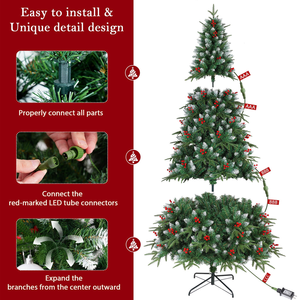 Yexmas 7.5ft Pre-Lit Artificial Christmas Trees,Green Xmas Tree with Large Christmas Tree Storage Bag,Berries, Realistic Artificial Christmas Trees for Home, Office, Party Decoration