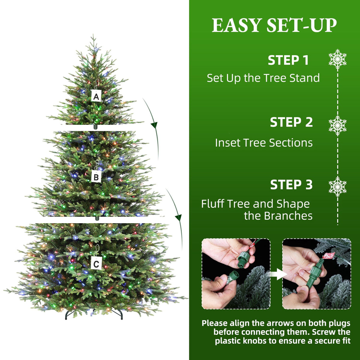 VIVATREES 7.5ft Pre-lit Artificial Christmas Tree Frasier Fir w/ 3325 PVC PE Hinged Branch Tips 450 Multi Color LED Lights Foldable Base