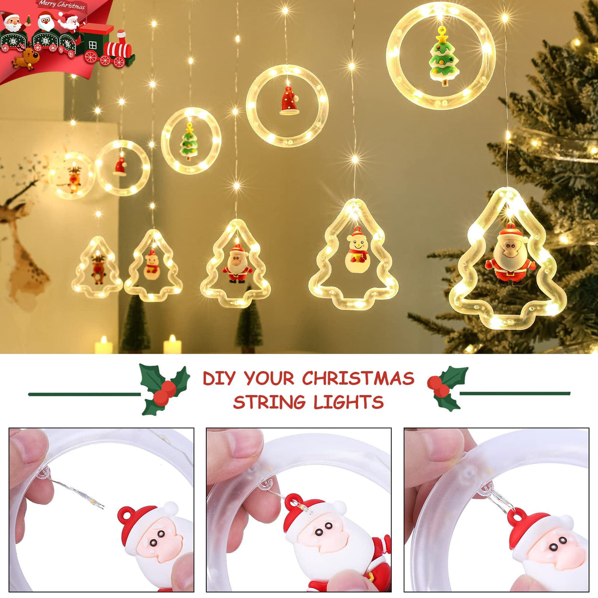 WILLED Christmas String Lights, 120 LED Window Curtain Lights with Christmas Ornaments, 9.8ft USB Powered Warm White Waterproof Fairy Lights Indoor Outdoor for Xmas Tree Patio Garden Party Home Decor