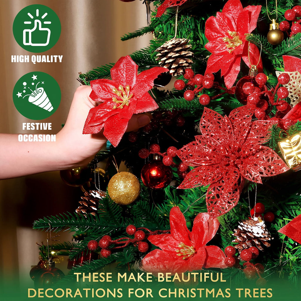 Ayieyill 56Pcs Poinsettia Christmas Flowers Decorations Christmas flower ornaments Artificial Glitter Berry Stems Christmas Pine Cones Christmas Tree Ornaments Set Christmas Tree Decorations (Pink)