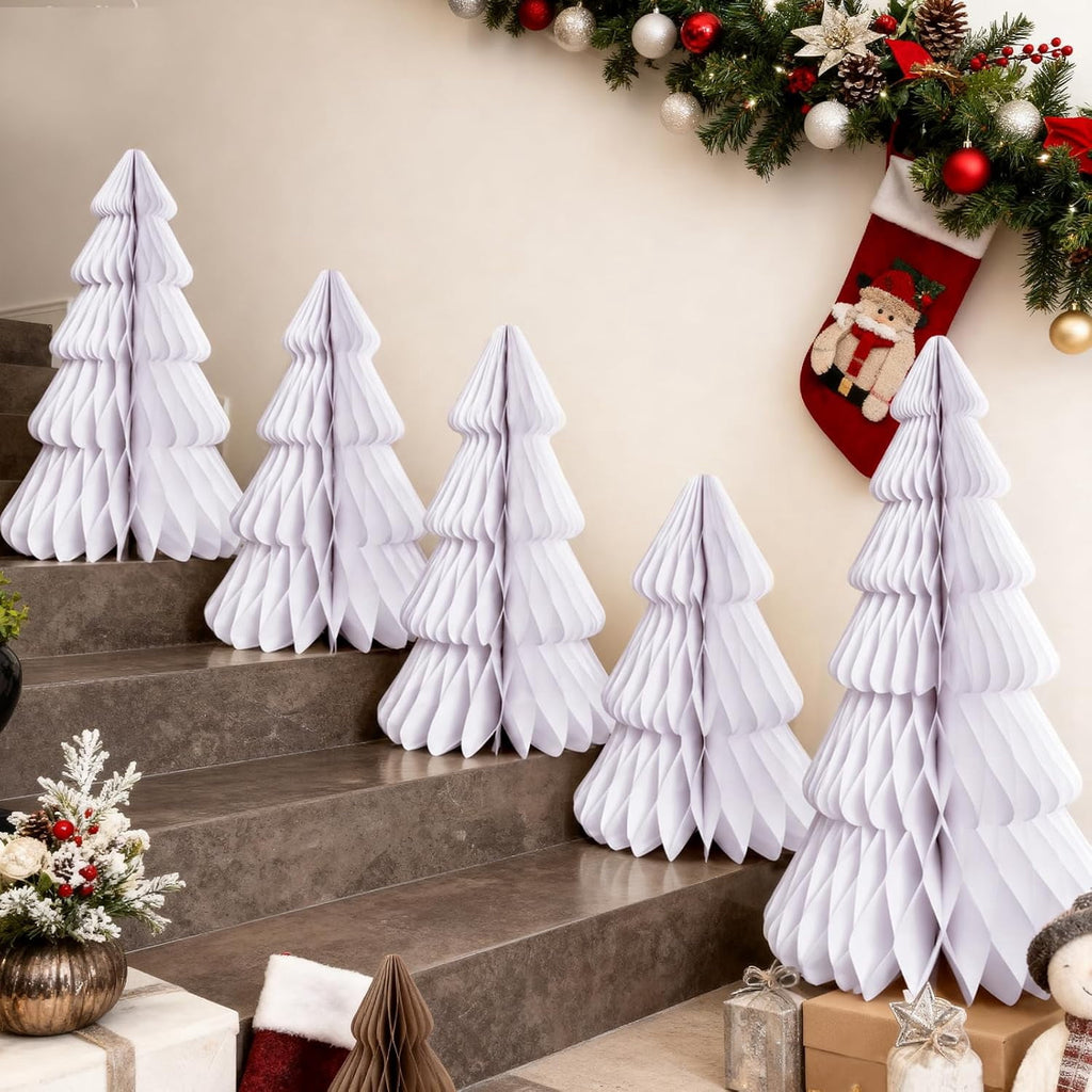 5 Pack Honeycomb Paper Christmas Trees, 3D Christmas Table Centerpieces for Mantel Tabletop Winter Home Decor