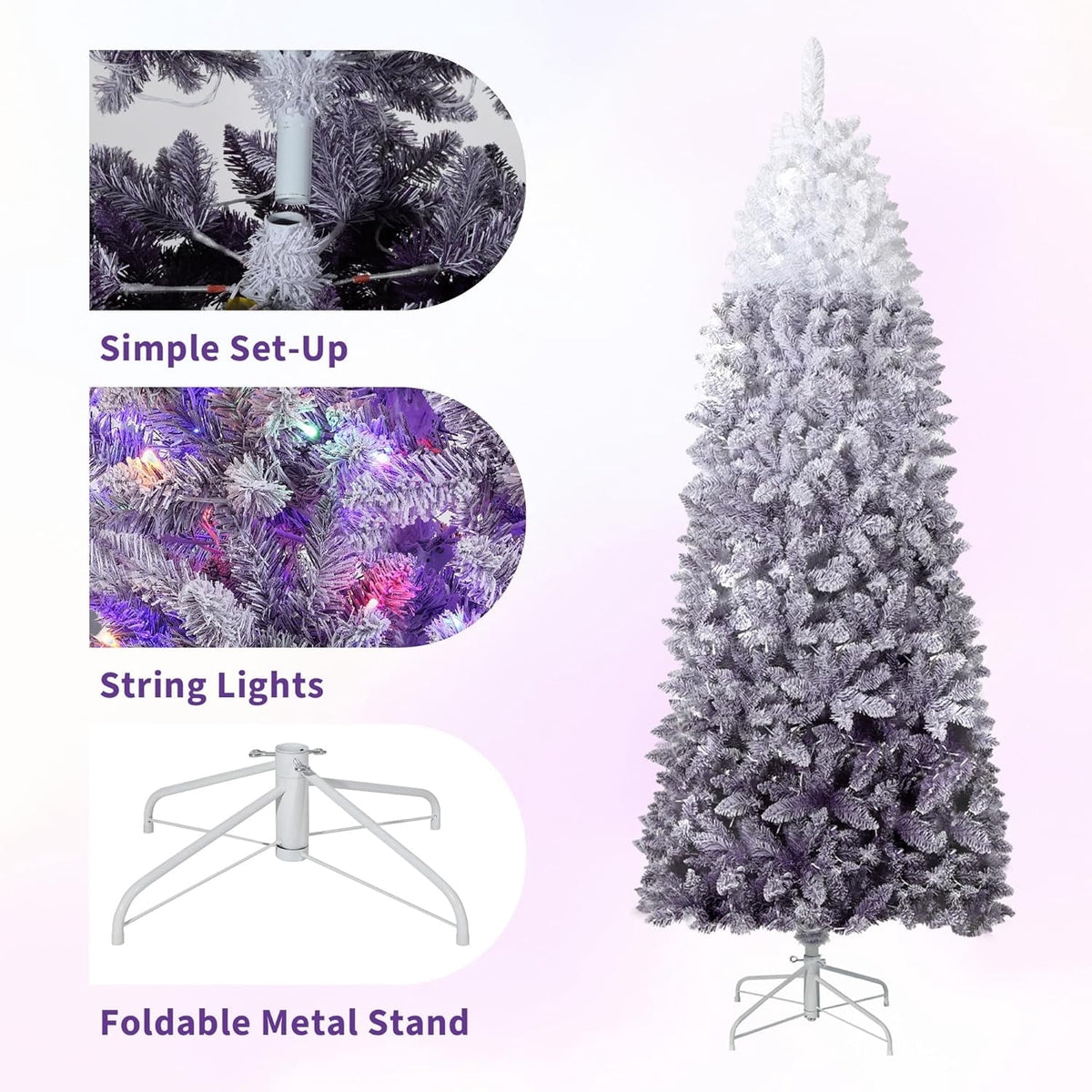 4.5/6/7.5/9 ft Flocked Pencil Christmas Tree with 100 Lights, Pre Lit Tall Skinny Christmas Tree with PVC Branch Tips, Premium Hinged Xmas Tree with Metal Base, Slim Artificial Christmas Tree
