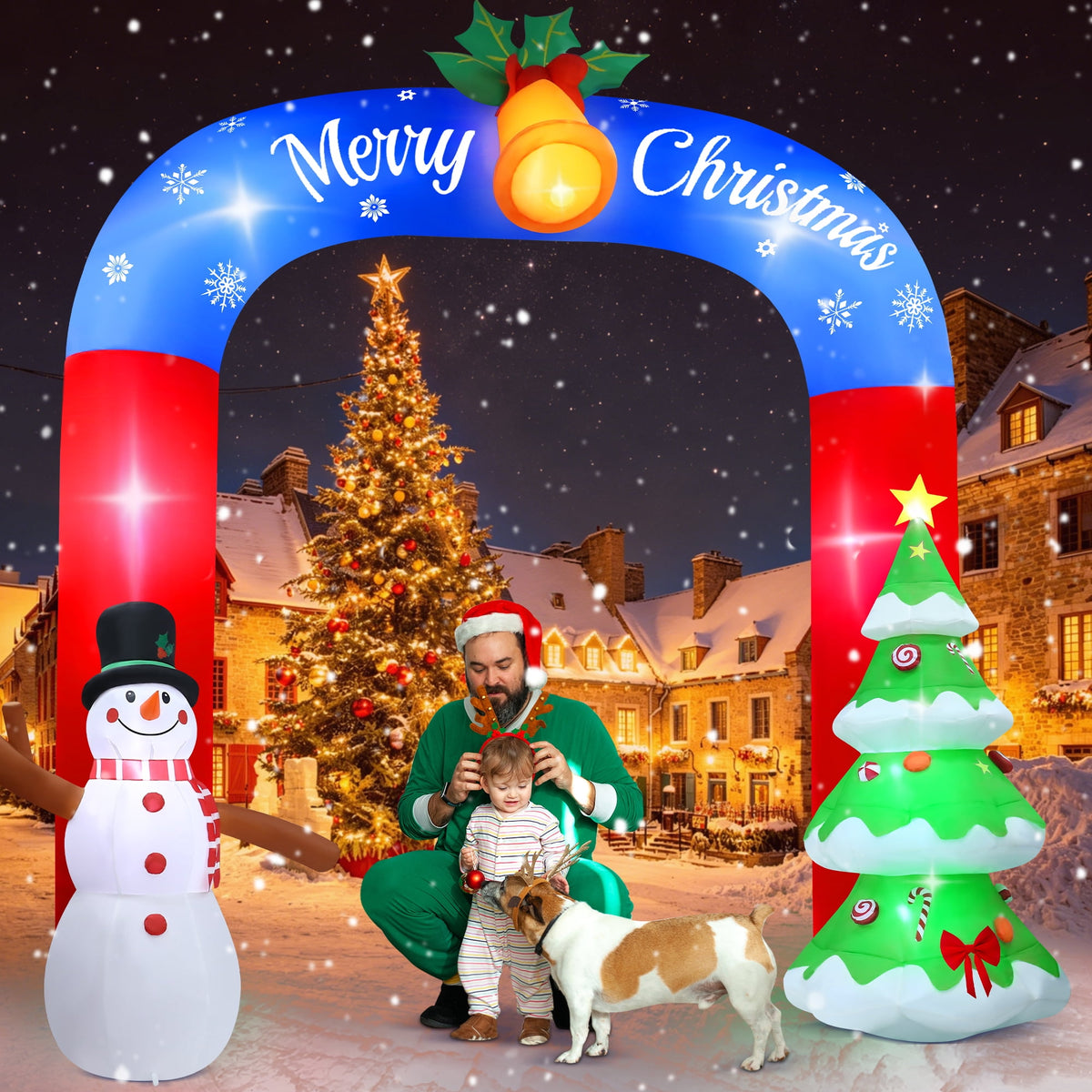 Yexmas 8FT Christmas Inflatable Archway,Christmas Blow Up Yard Decorations with Santa Claus and Snowman,Outdoor Christmas Decorations with Bow LED Lights