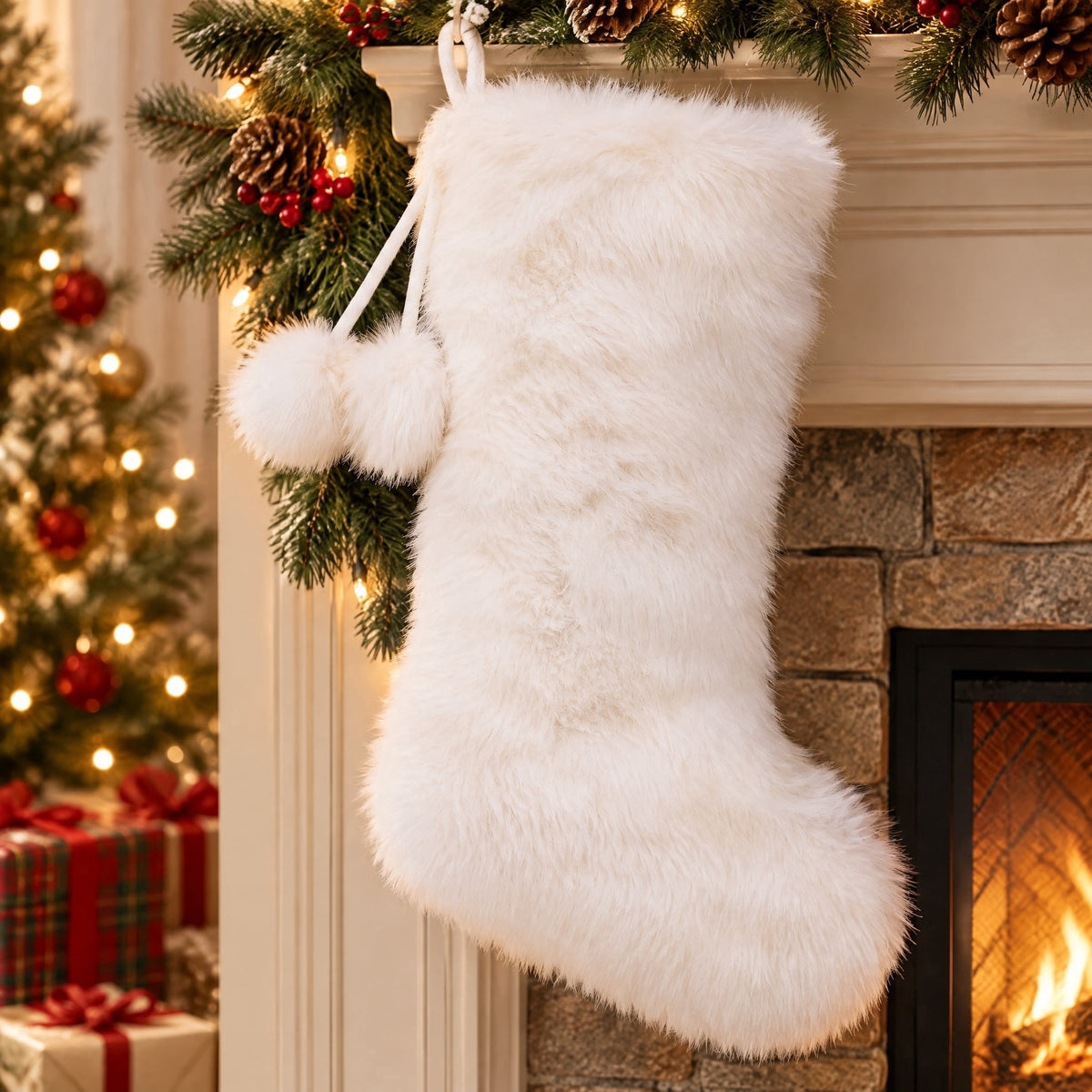 Faux Fur Christmas Stocking, White, 18", by Holiday Time