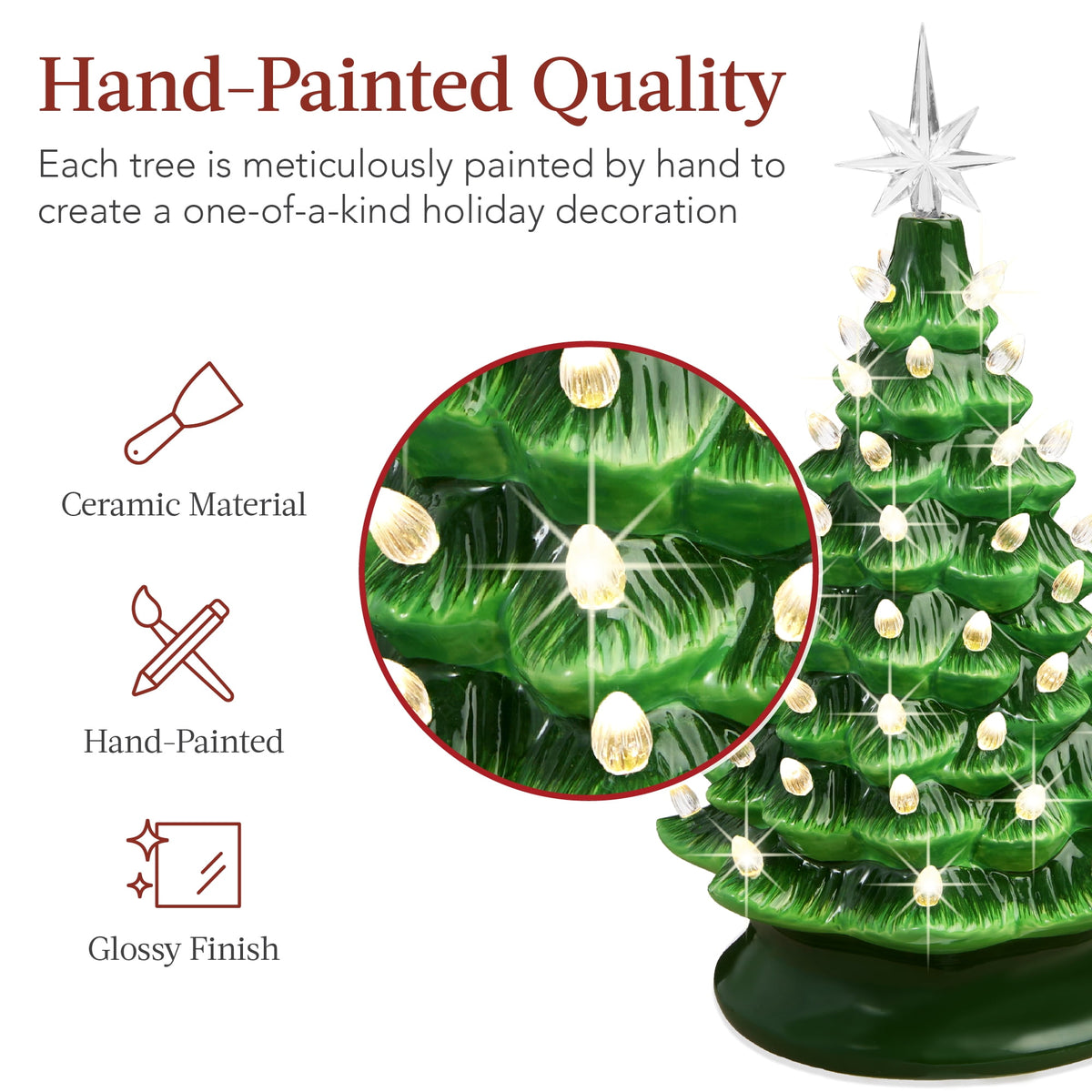 Best Choice Products 15in Ceramic Christmas Tree, Pre-lit Hand-Painted Tabletop Holiday Tree, Gingerbread Red/White/Grn
