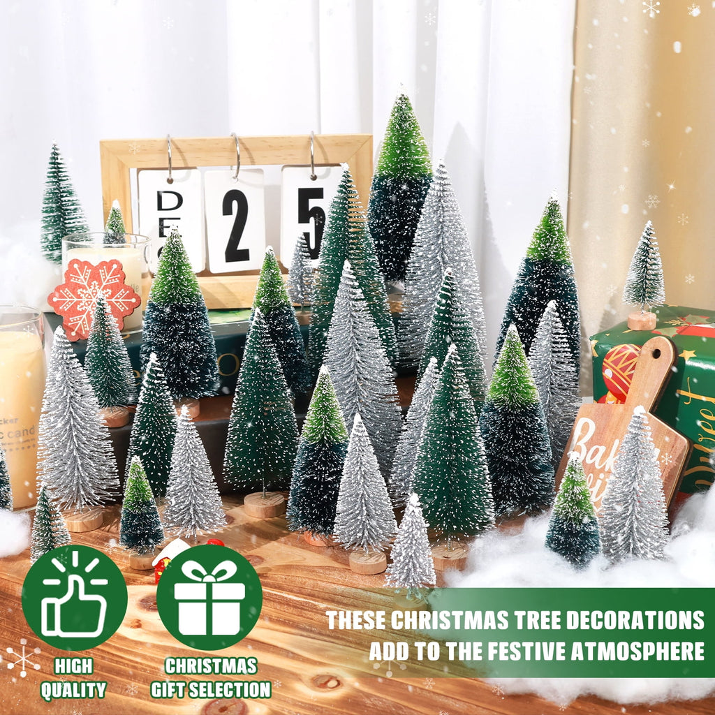 Ayieyill 30PCS Artificial Mini Christmas Trees, Mini Pine Tree Sisal Trees with Wood Base Bottle Brush Trees for Christmas Table Top Decor Winter Crafts Ornaments