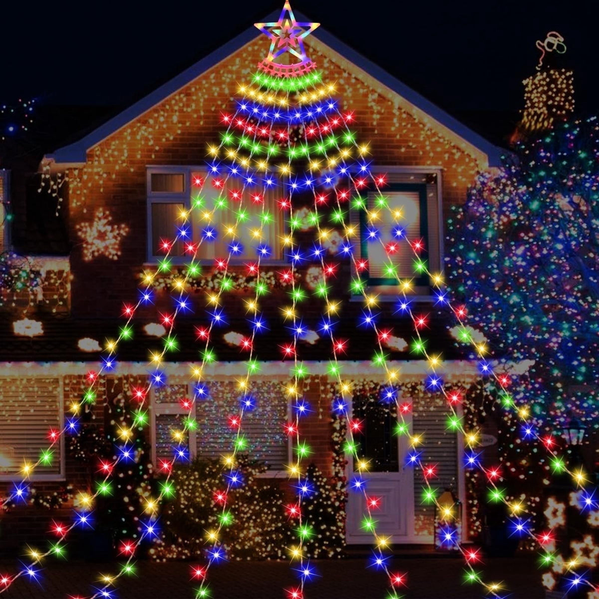 New Outdoor Christmas Decoration Lights Plug-in 8 Modes & 350 LED Christmas String Waterfall Fairy Tree Lights Indoor Outdoor Holiday Lighting Decorations, Multicolor