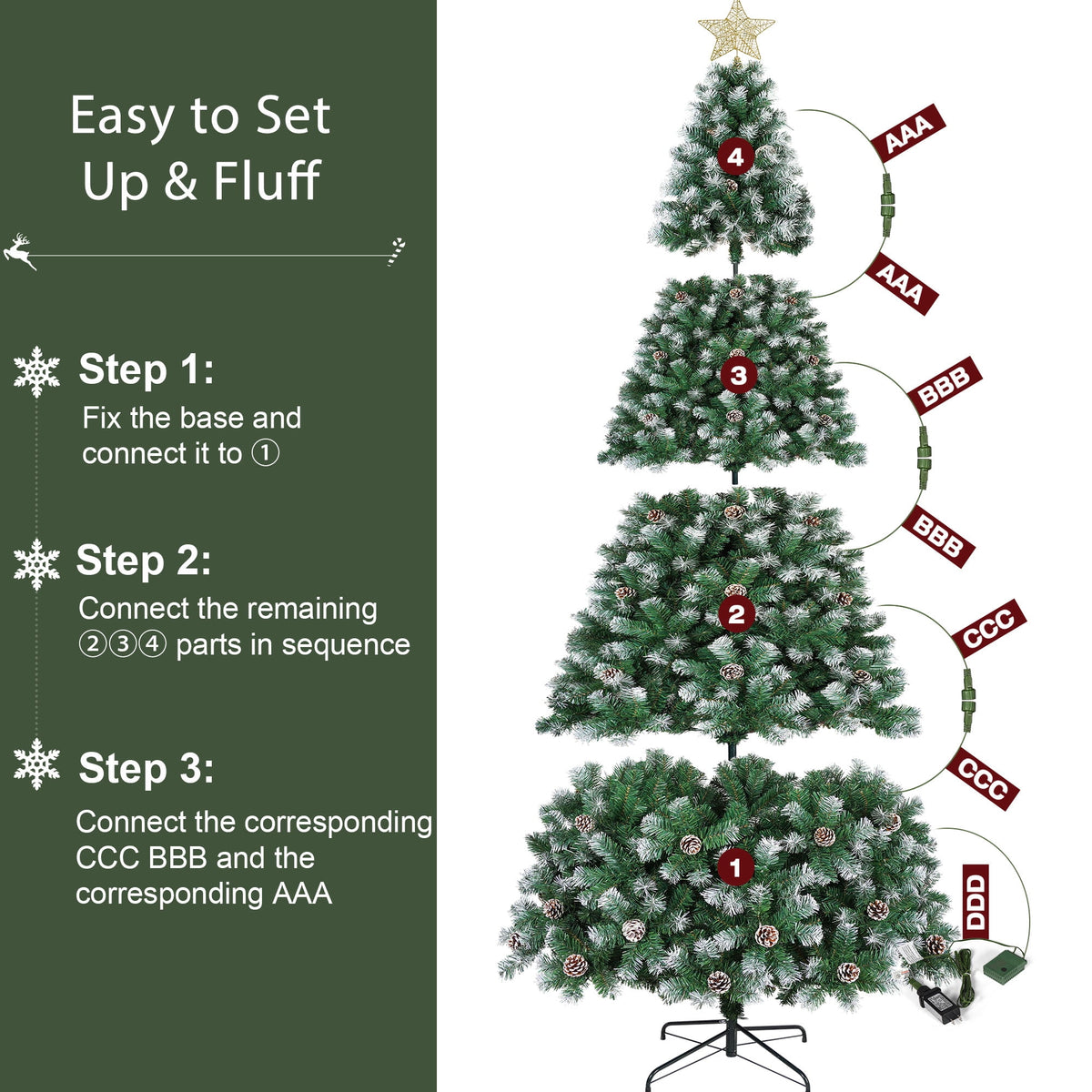Yexmas 7.5ft Pre-Lit Christmas Tree with Tree Topper, 8 Modes LED Lights, Artificial Xmas Tree with Large Storage Bag