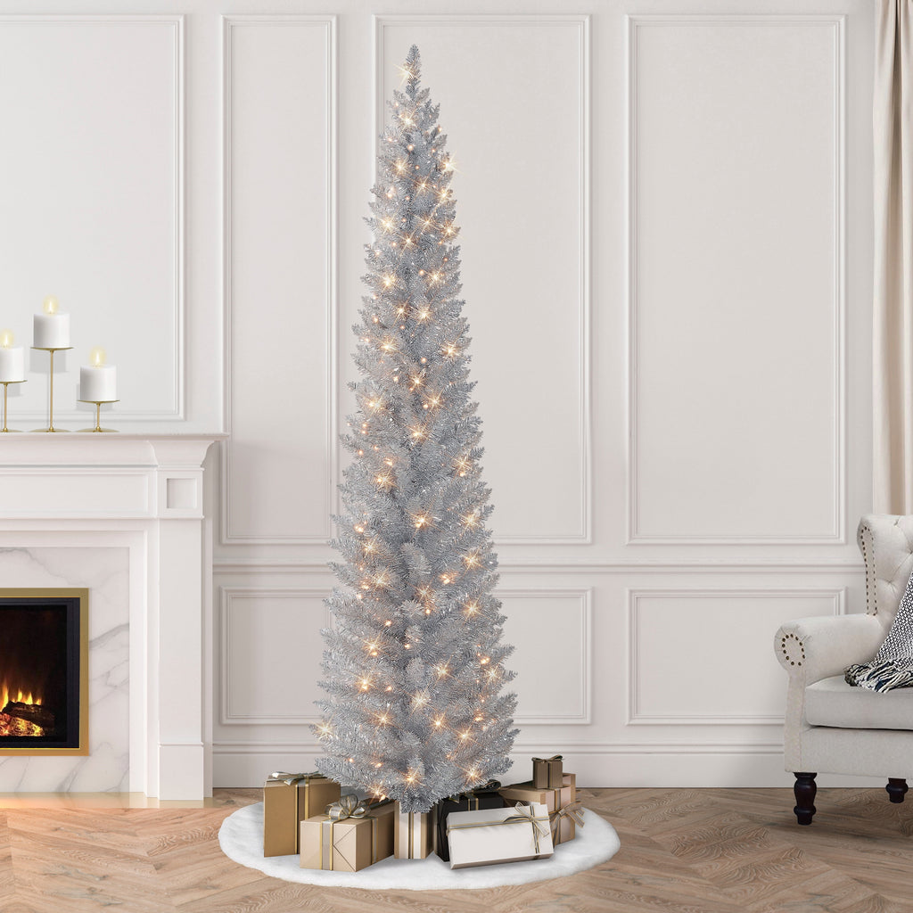 7 ft Pre-Lit Silver Tinsel Artificial Tree