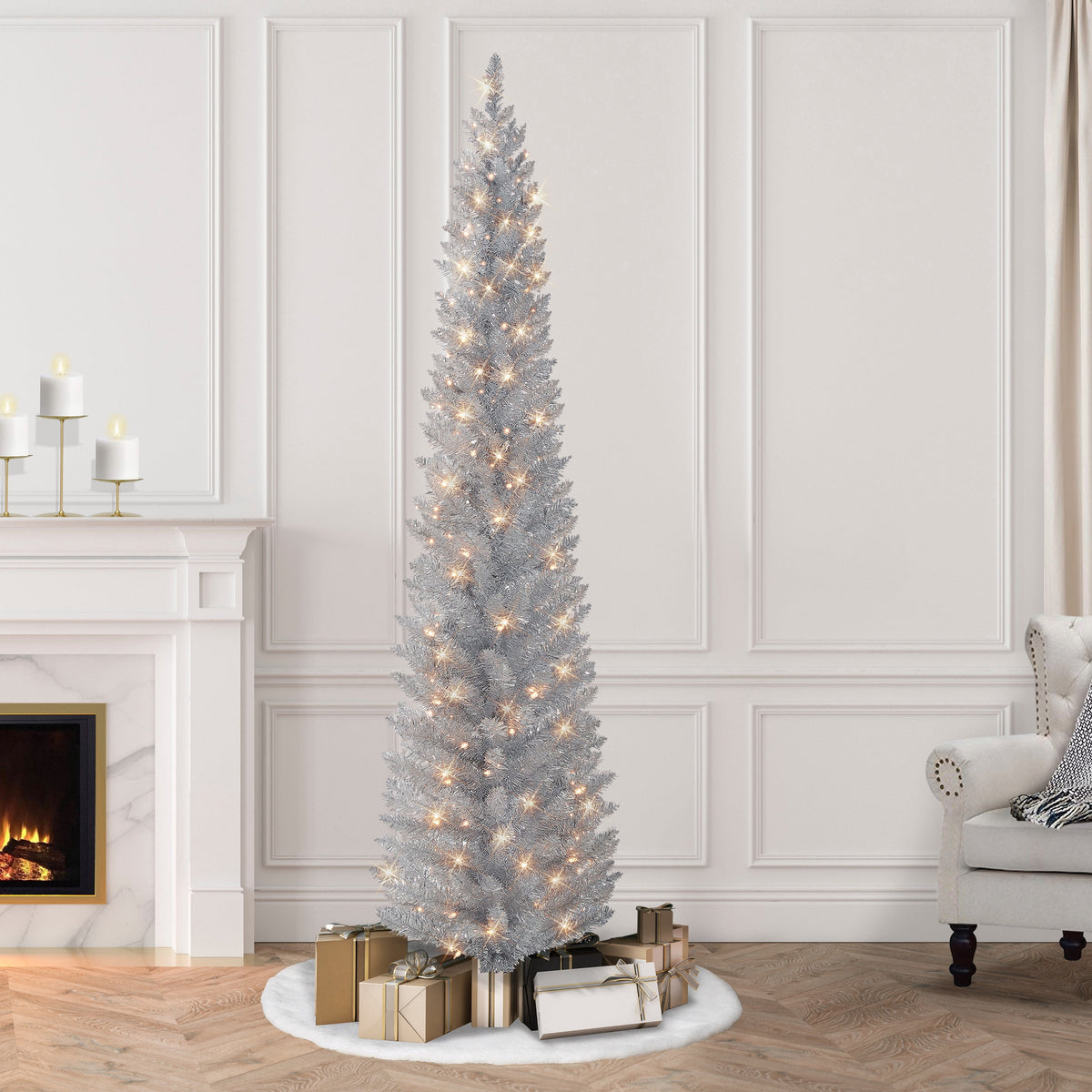 7 ft Pre-Lit Silver Tinsel Artificial Tree