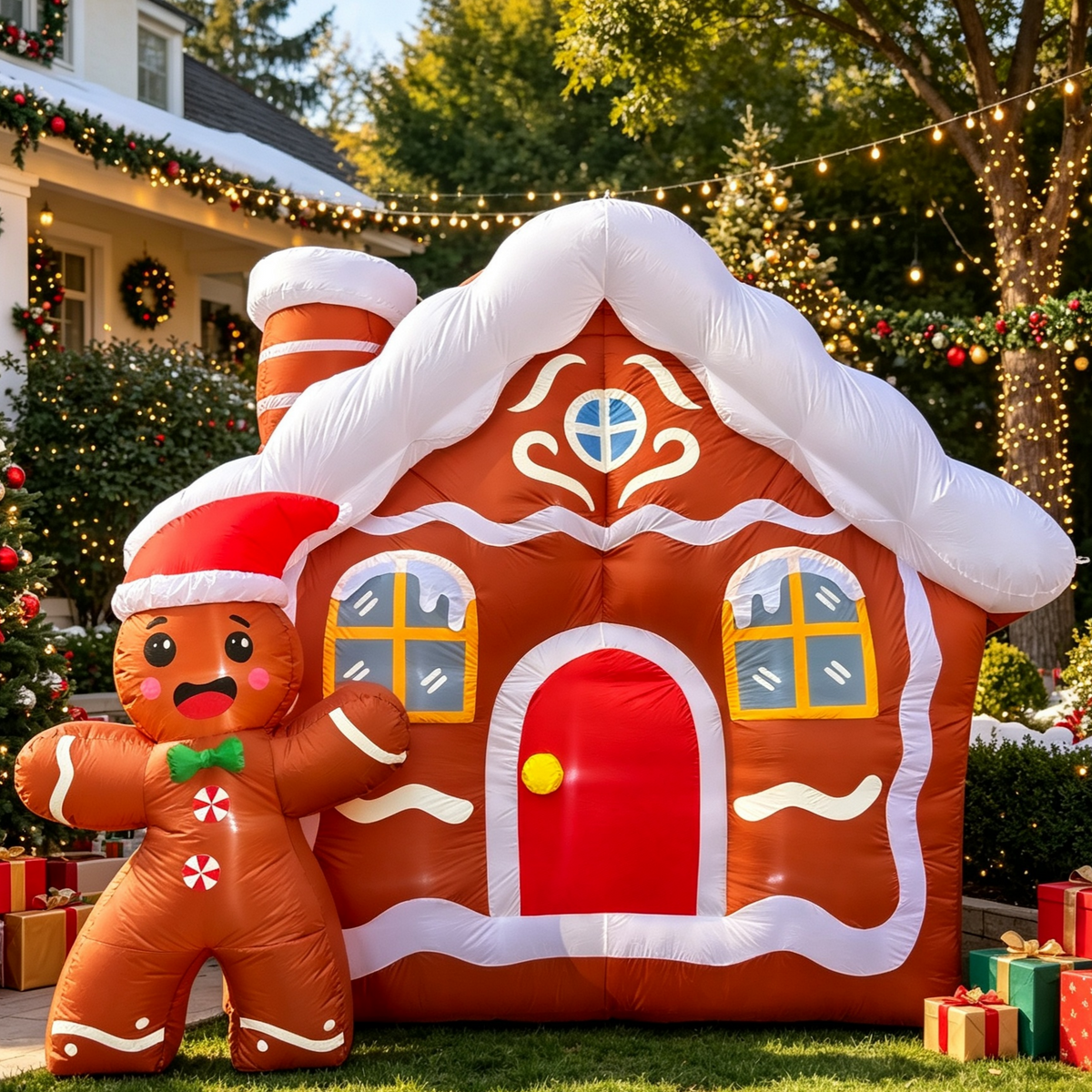 11.2 FT Giant Christmas Inflatable Gingerbread House, Blow Up Xmas Gingerbread Home with Cute Waving Gingerbread Man, Holiday Inflatable Ornament for Outdoor Yard Lawn Garden Christmas Decor