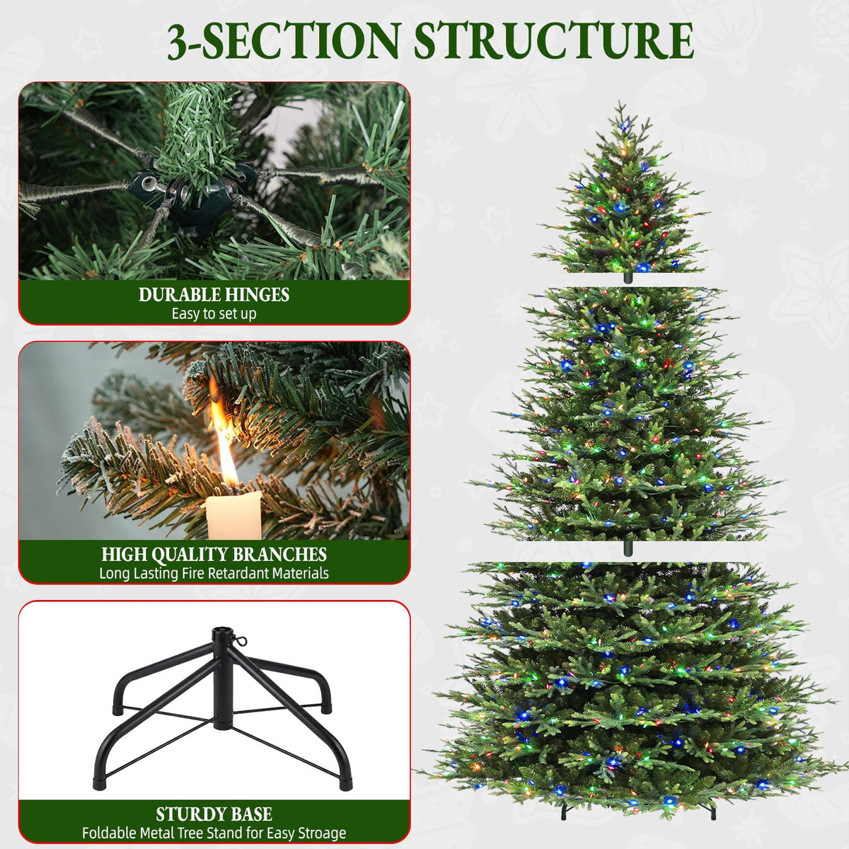VIVATREES 7.5ft Pre-lit Artificial Christmas Tree Frasier Fir w/ 3325 PVC PE Hinged Branch Tips 450 Multi Color LED Lights Foldable Base