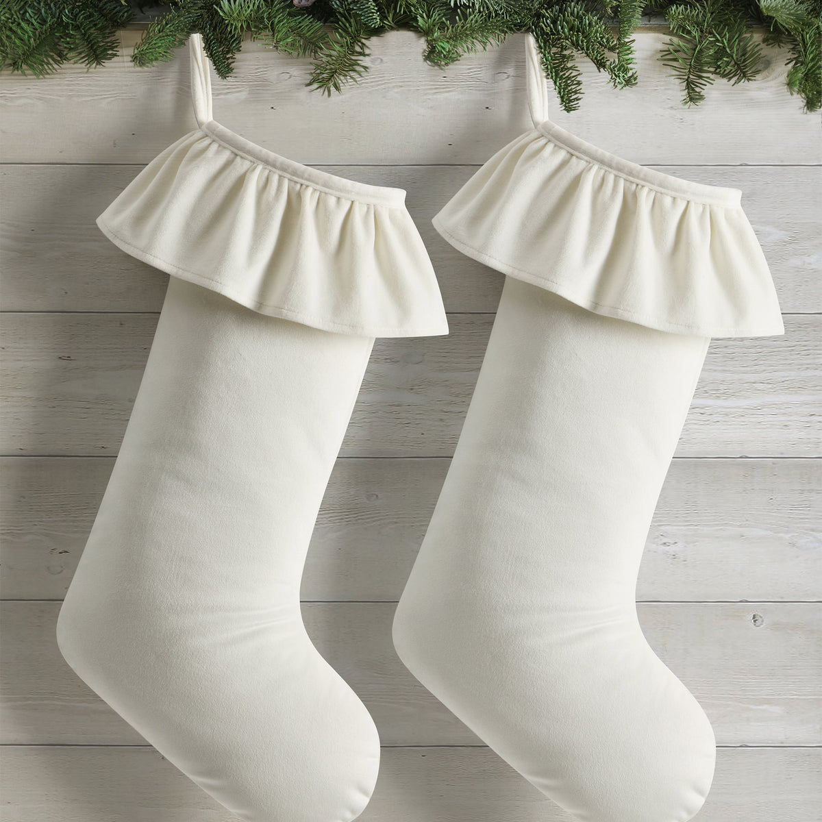My Texas House Ruffle Ivory Velvet Christmas Stockings, 20" x 10" (2 Count)