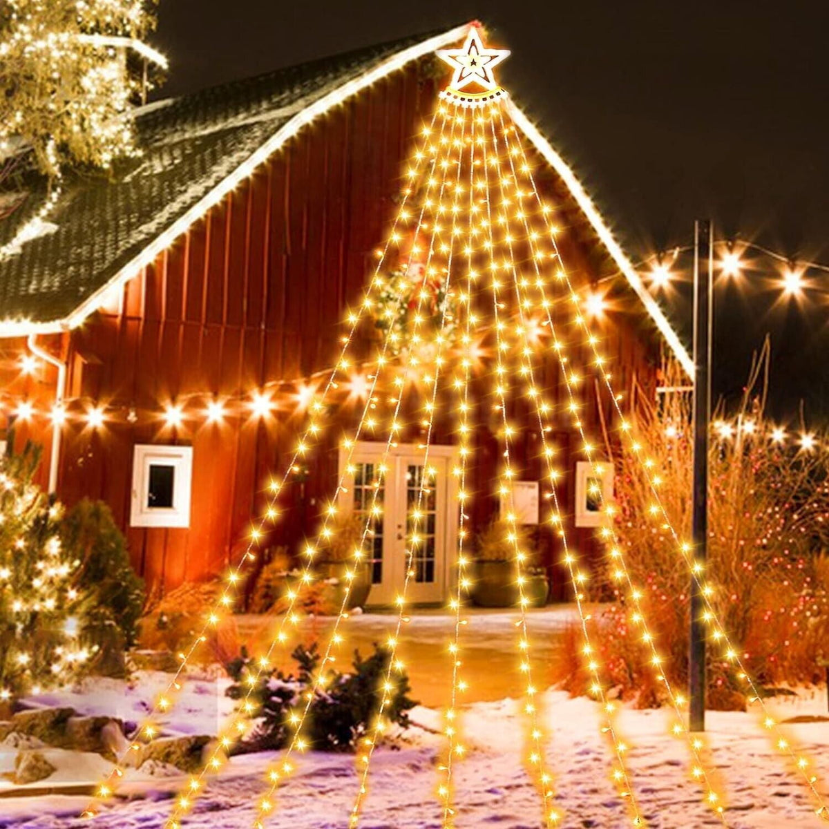 Christmas Lights Outdoor,12.6ft 8 Lighting Modes Waterfall Lights for Christmas, Outdoor Christmas Decorations for Yard, Christmas Lights for Tree House Holiday Party, Warm White