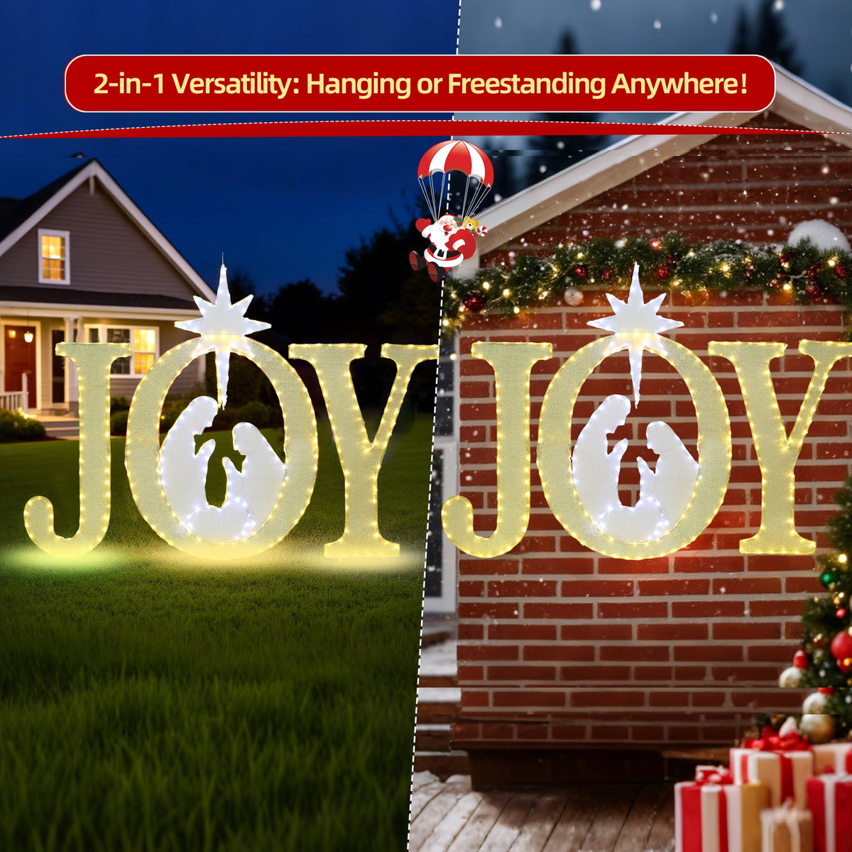 Starfree 49-inch Outdoor Nativity Decoration Lighted JOY Sign with Outdoor Christmas Yard Decorations Hanging and Standing Options for Porch & Garden