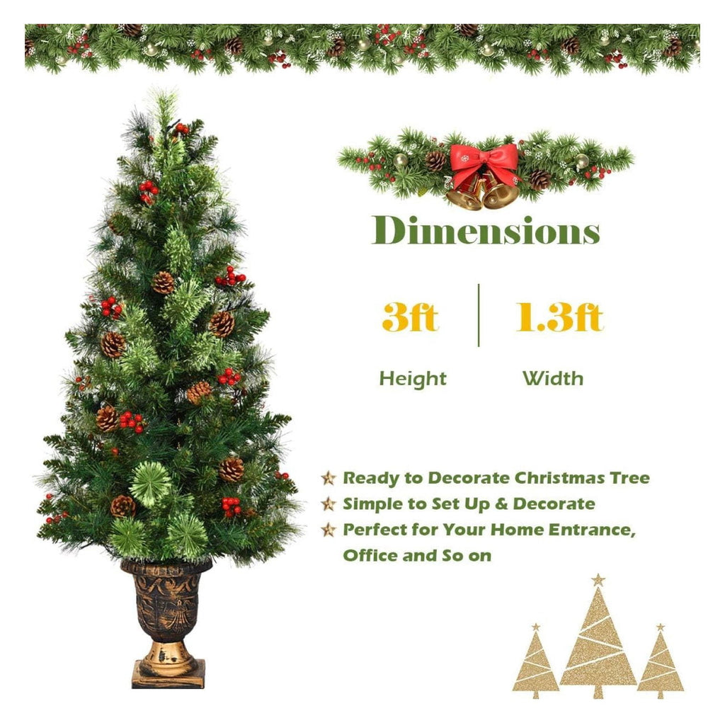 Ranyuaxu 3ft Prelit Pathway Christmas Tree with 40 LED Lights, Artificial Christmas Tree with Metal Stand, 100 Branch Tips, Pine Cones and Red Berries, Entrance Tree for Indoor and Outdoor Decoration