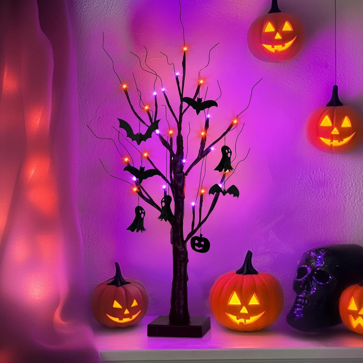 2-Pack Halloween Decor: 2FT Pre-lit Black Halloween Trees with 48 Orange & Purple LEDs, Battery Operated with Timer Function, Perfect for Spooky Tabletop Displays, Home Parties & Indoor Decorations.