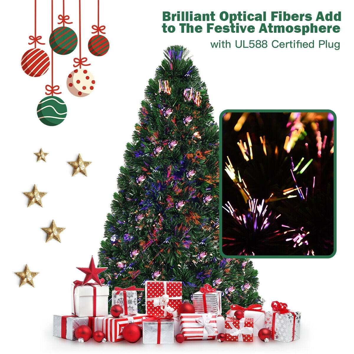 Costway 6Ft Pre-Lit Fiber Optic PVC Christmas Tree Metal Holiday