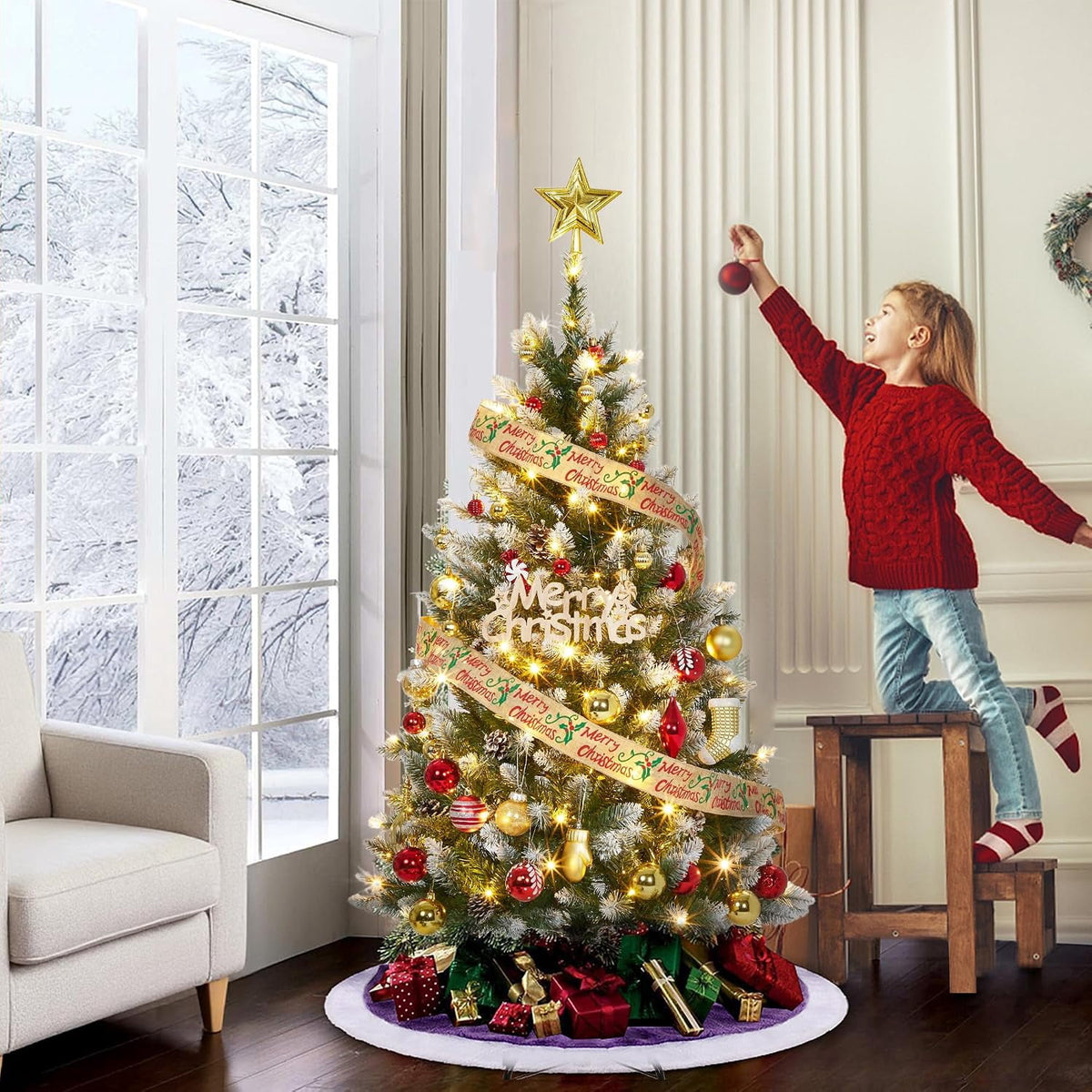 9FT Premium Spruce Artificial Christmas Tree, Pre-Lit with Realistic Hinged Branches, Heavy-Duty Foldable Metal Stand for Home, Office & Large Space Holiday Display