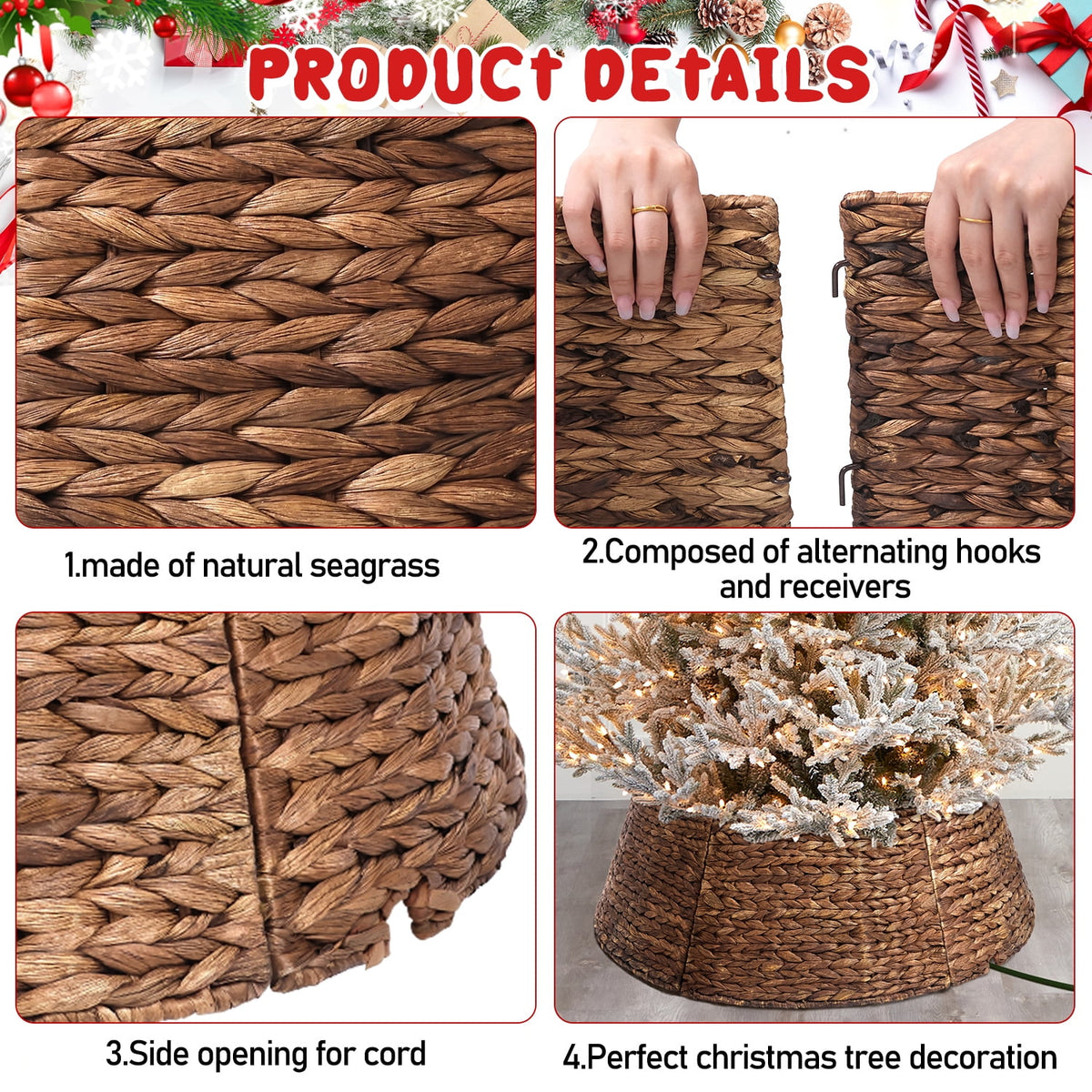 Ayieyill 26in Woven Hyacinth Christmas Tree Collar, Christmas Tree Decorations, Tree Skirt Accessory w/ Cord Cut-Out | Natural