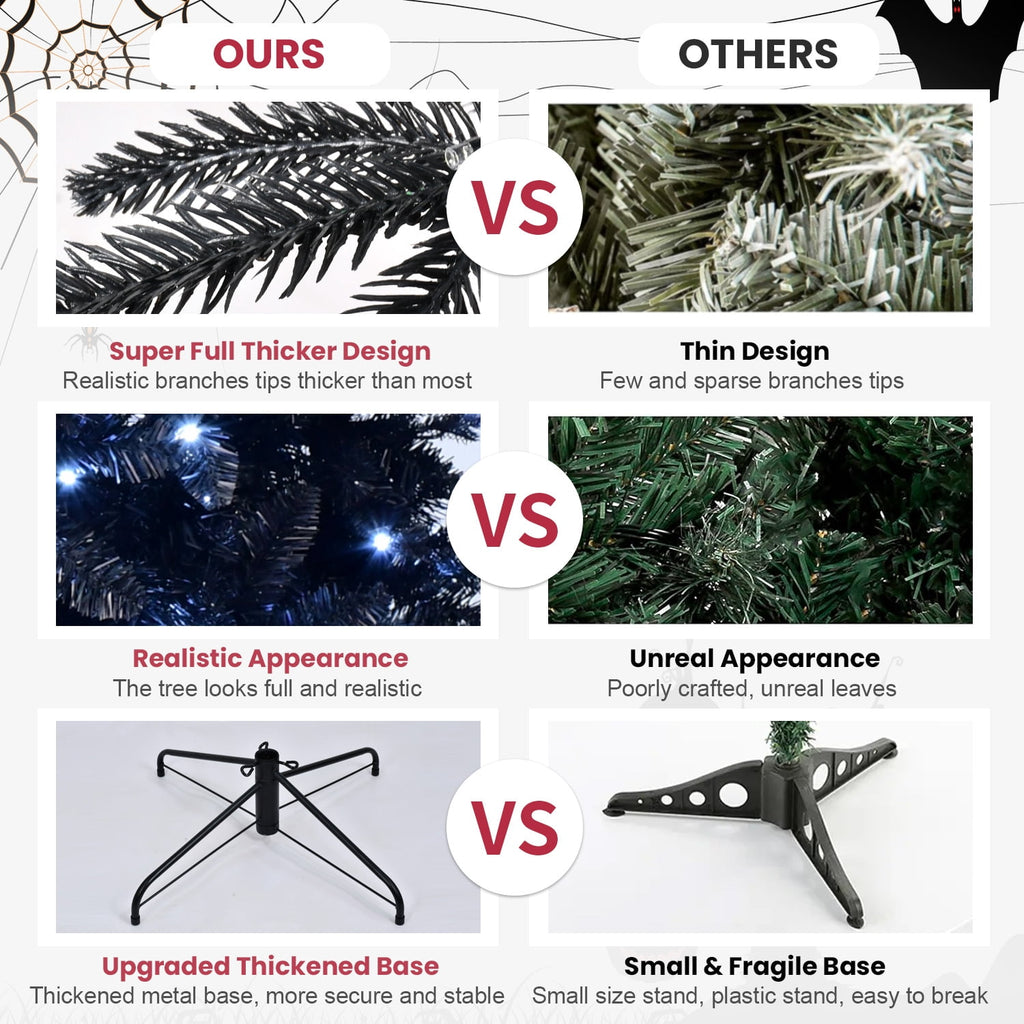 Artificial 7.5ft Black LED-lit Christmas Tree with 2156PE/PVC Mixed Branch Tips,Hinged Premium & Foldable Base for Indoor Holiday Decorating