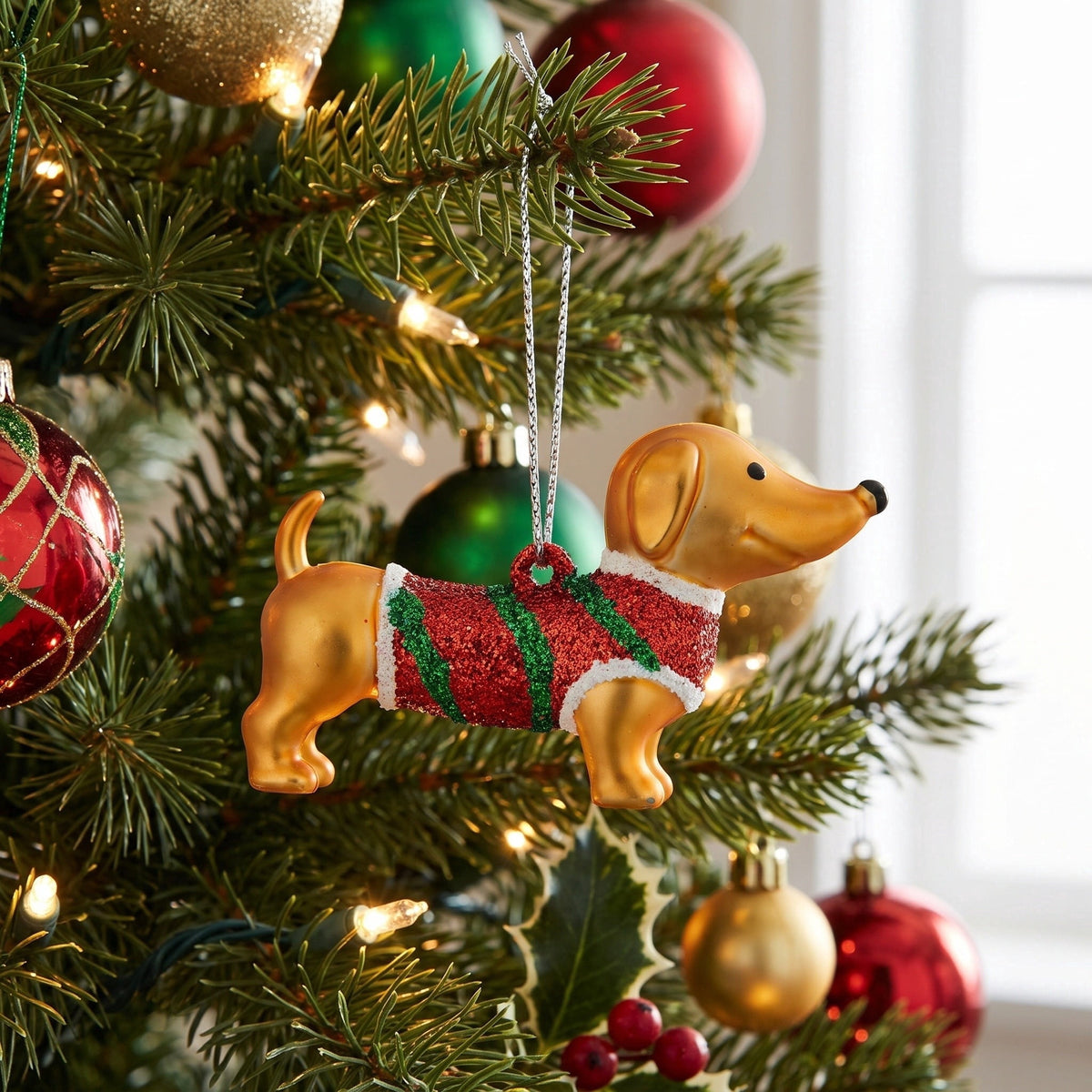 3-Count Gold/Red/Green Dachshund Dog Mini Christmas Ornaments, 1.5", by Holiday Time