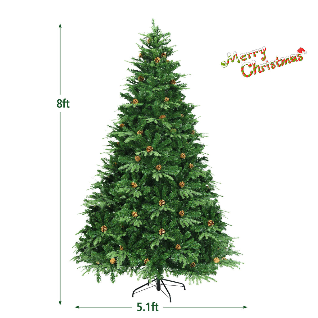 Topbuy 8'PE/PVC Artificial Pine Tree Pre-Lit Christmas Tree w/ 600 LED Lights & Pine Cones