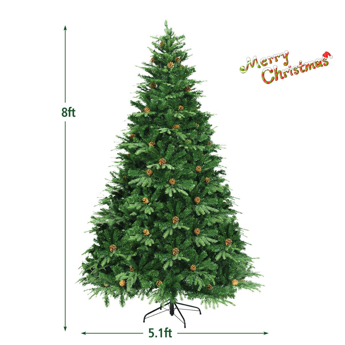 Topbuy 8'PE/PVC Artificial Pine Tree Pre-Lit Christmas Tree w/ 600 LED Lights & Pine Cones