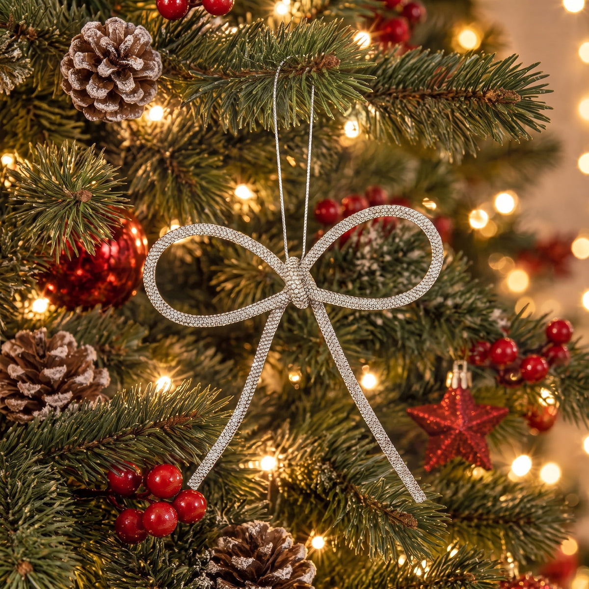 My Texas House 2-Count Silver Crystal Bow Christmas Ornaments, 6"