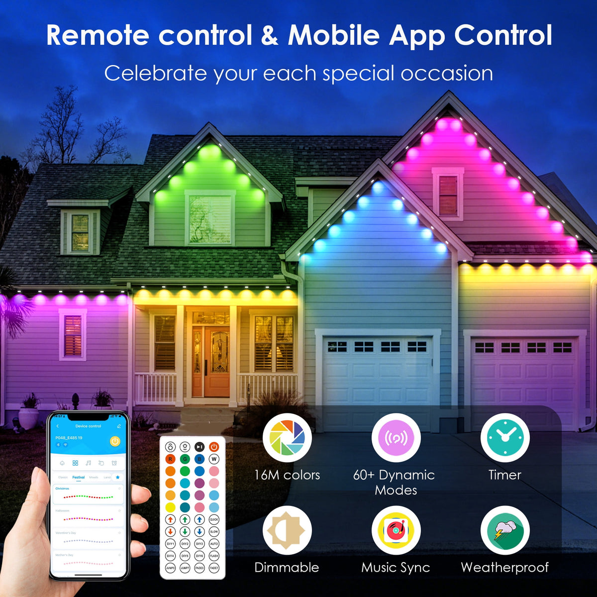 DAYBETTER 50ft Permanent Outdoor Lights, RGB Eaves String Lights with 25LED, Remote/APP Control, IP65 Waterproof, for Garden Halloween Christmas Party Decorations