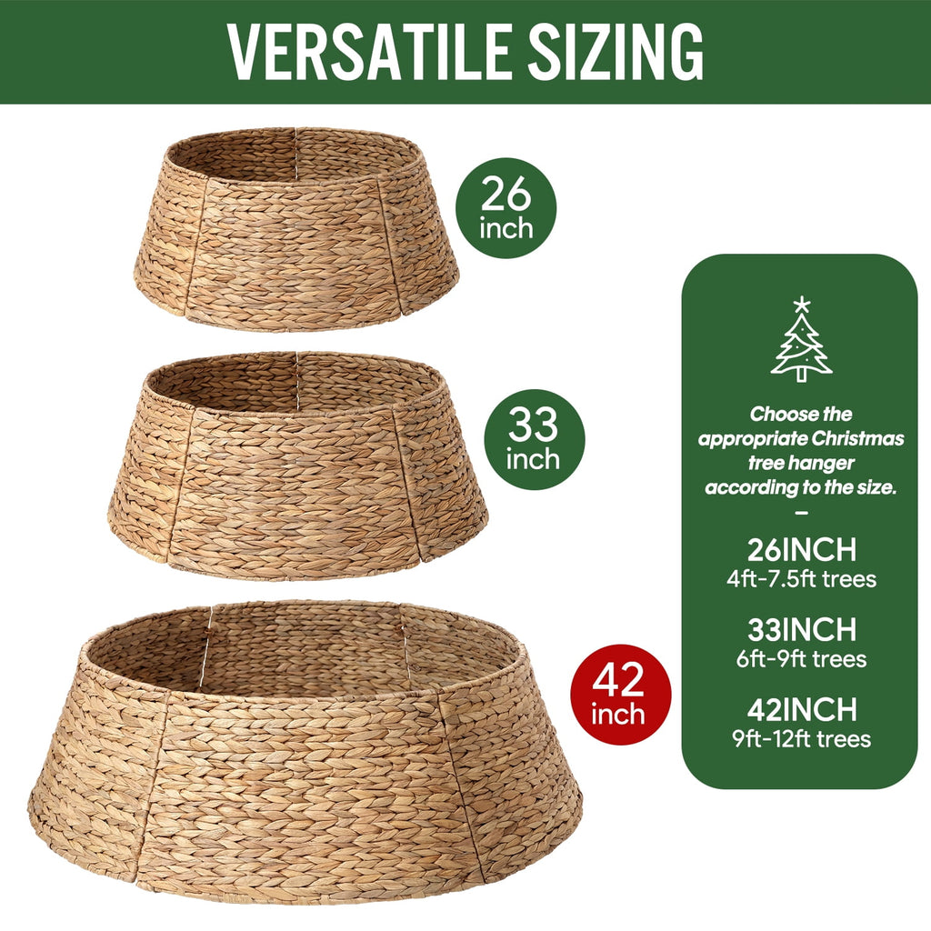 Ayieyill 26in Woven Hyacinth Christmas Tree Collar, Christmas Tree Decorations, Tree Skirt Accessory w/ Cord Cut-Out | Natural