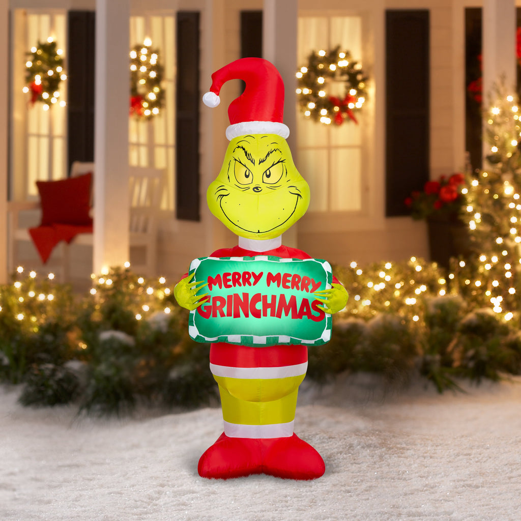 Airblown Christmas Light Grinch Holding Sign Dr. Seuss, 5.5 ft