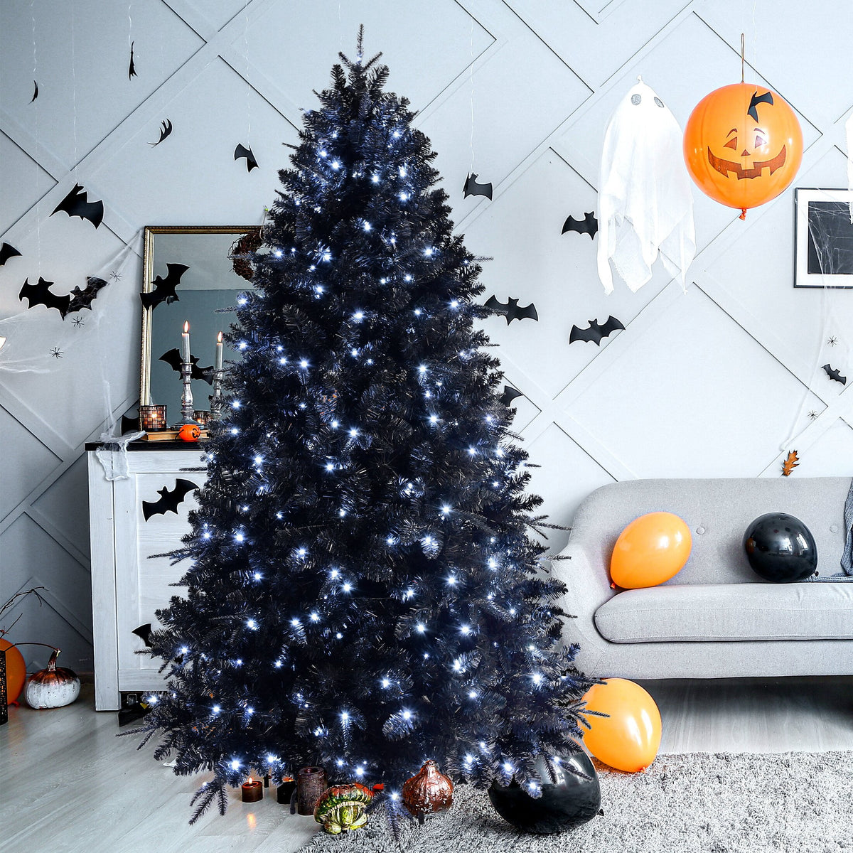 Maylaviu 7FT Gothic Black Christmas Tree, 450 Cold White Lights, 1916 Full Tips, Halloween & Holiday Party Decor, Sturdy Metal Stand