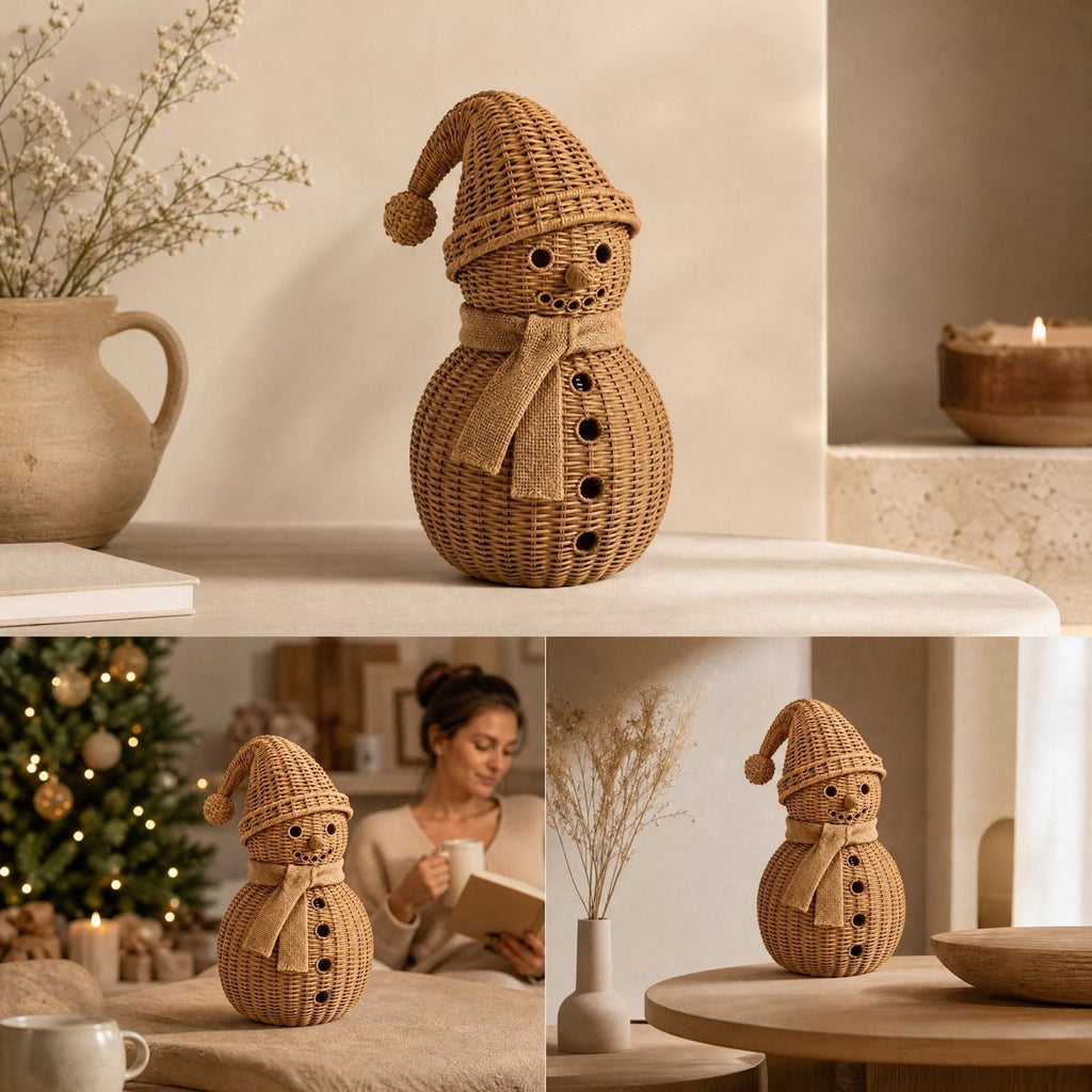 FeiBiQiuBi 14.9" Resin Rattan Style Snowman, Rustic Snowman Decorations with Bow, Woven Natural Style Freestanding Design Winter Farmhouse Decor for Home Kitchen Garden, Holiday Table Mantel Decor