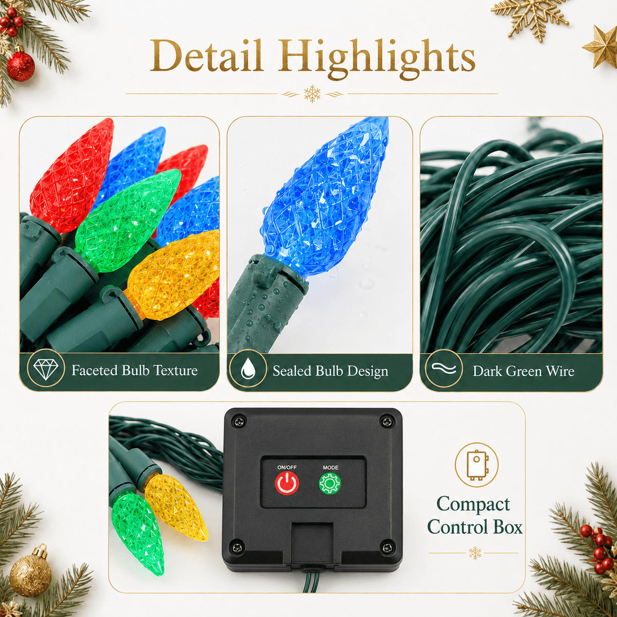 Multicolor C6 Strawberry Bulb Christmas Solar String Lights LED Waterproof Outdoor Decoration Lights for Garden Patio 16.4 FT 50 LED