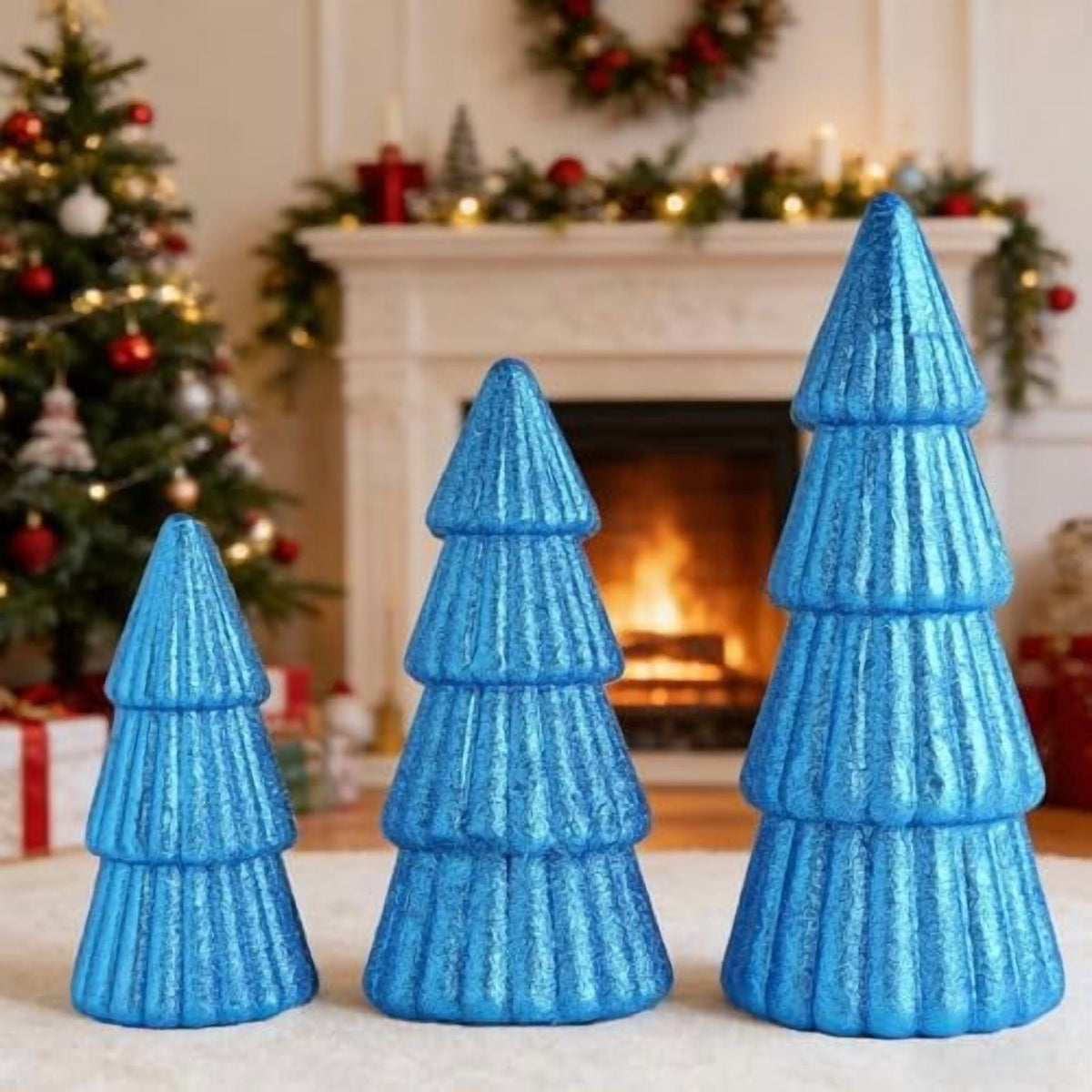3Pcs Artificial Christmas Tree Decorations Glittering Foam Tabletop Xmas Tree Modern Christmas Centerpiece Decor for for Table Mantel Home Holiday Party Decor(Blue)
