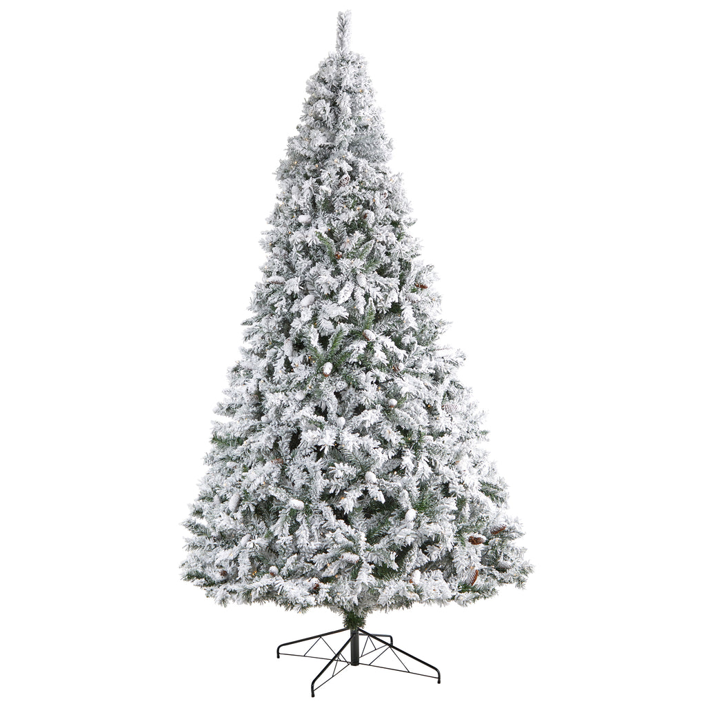 Nearly Natural River Mountain Clear Prelit LED Green Flocked Pine Christmas Tree, with Pinecones 9'