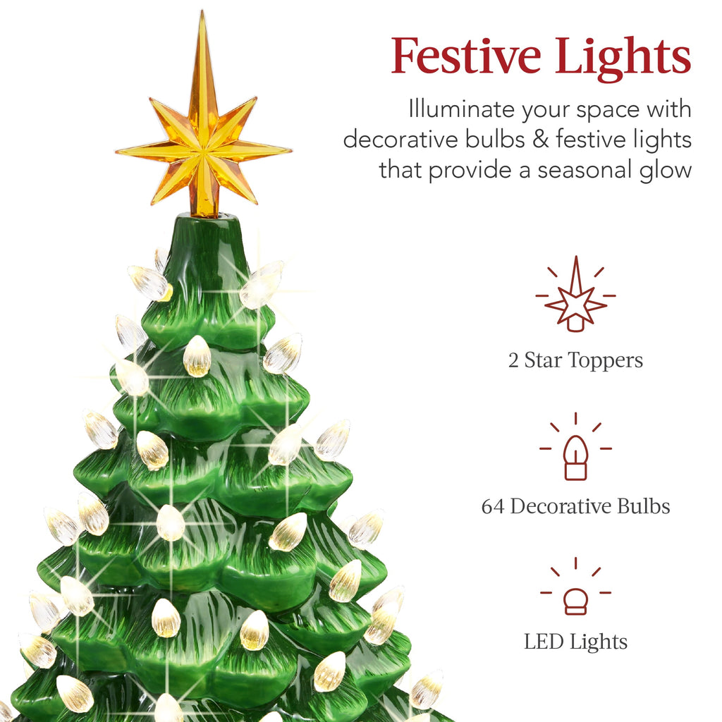 Best Choice Products 15in Ceramic Christmas Tree, Pre-lit Hand-Painted Tabletop Holiday Tree, Gingerbread Red/White/Grn