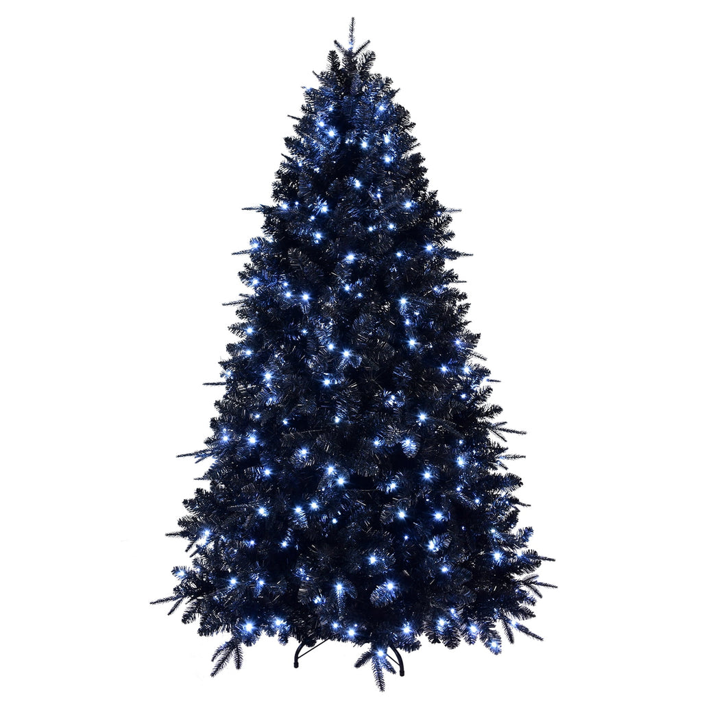 Maylaviu 7FT Gothic Black Christmas Tree, 450 Cold White Lights, 1916 Full Tips, Halloween & Holiday Party Decor, Sturdy Metal Stand