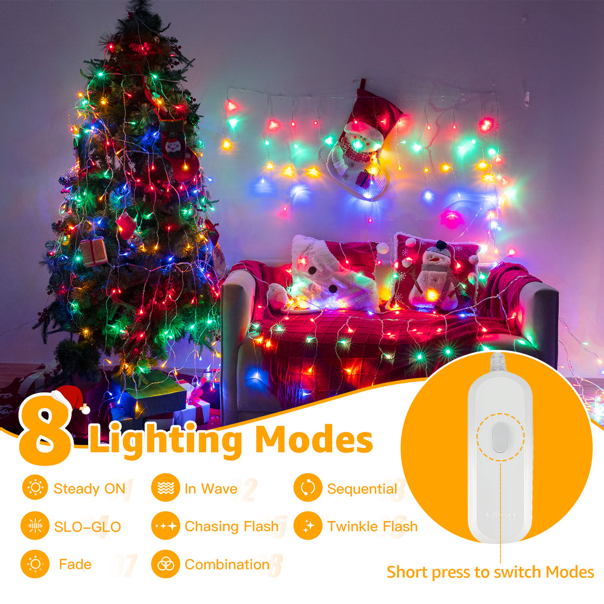 Ollny 24ft 216 LED Icicle Lights for Outside, 8 Lighting Modes 3 Timing Waterproof Icicle Christmas Lights Indoor Outdoor Decorations, White