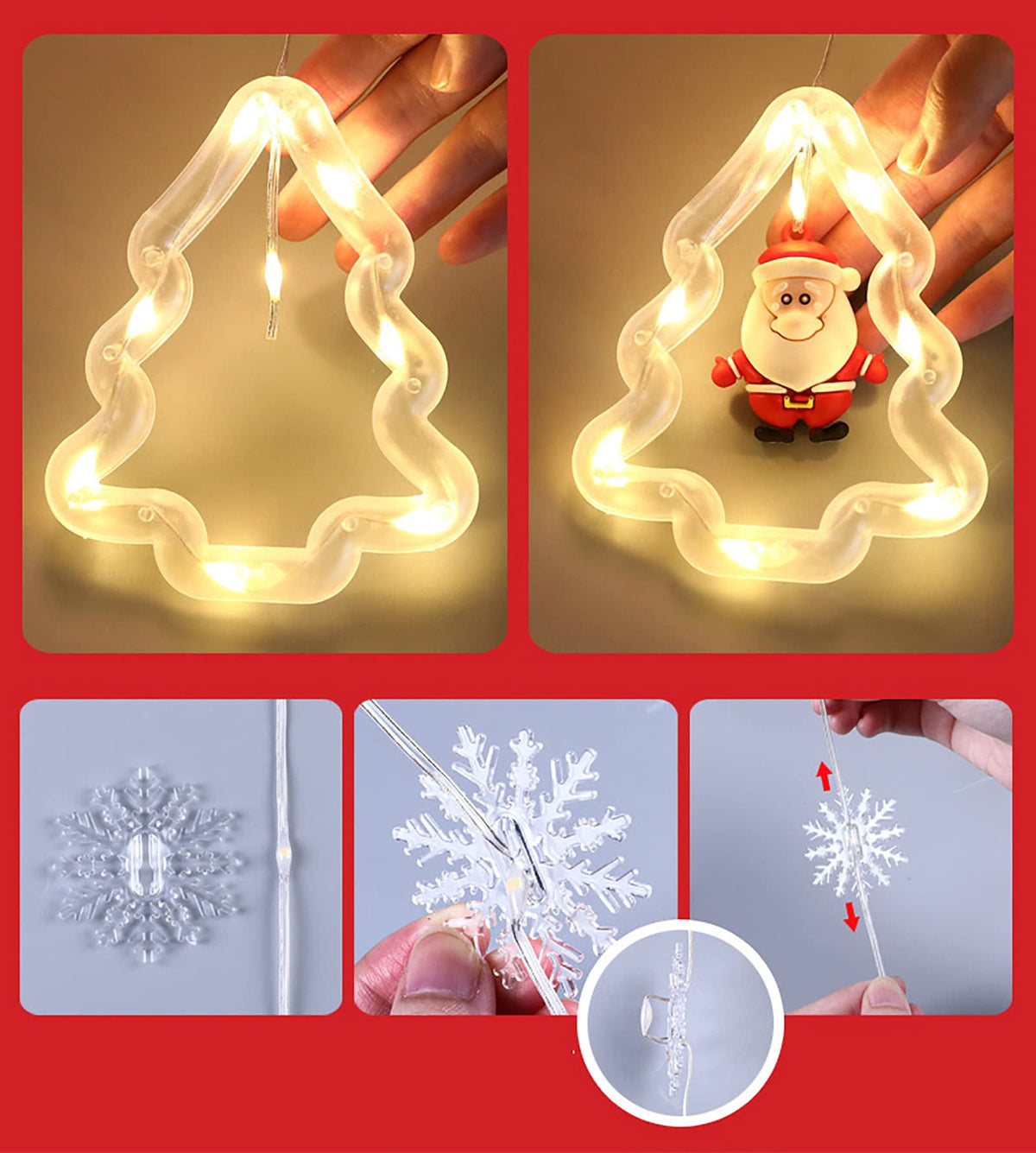WILLED Christmas String Lights, 120 LED Window Curtain Lights with Christmas Ornaments, 9.8ft USB Powered Warm White Waterproof Fairy Lights Indoor Outdoor for Xmas Tree Patio Garden Party Home Decor