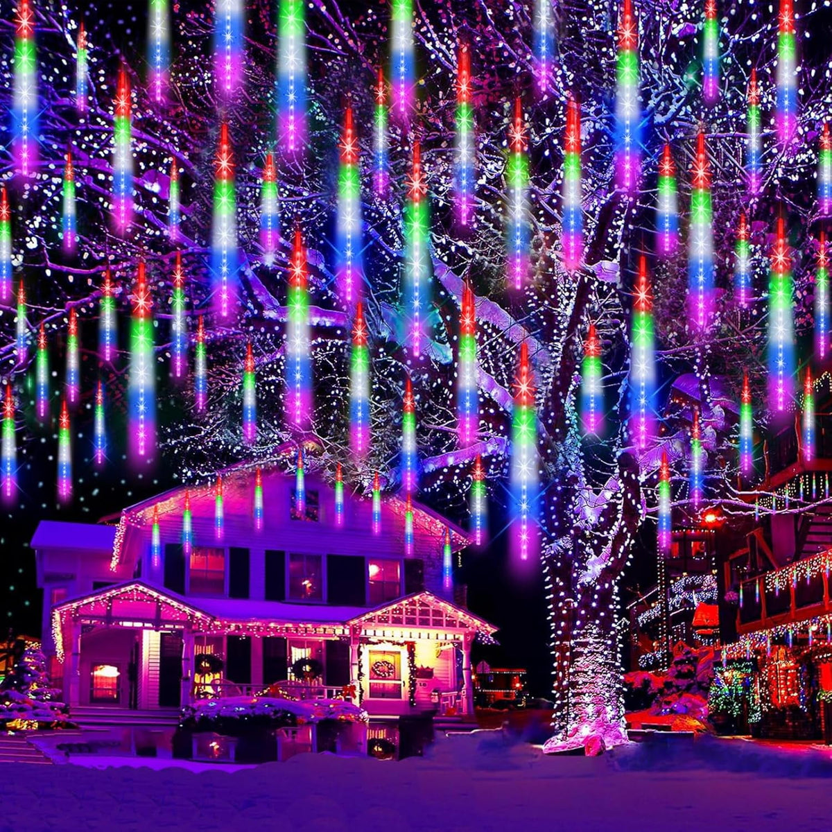 DONGPAI Meteor Shower Lights Outdoor, 11.8 Inch 8 Tube Icicle Lights, Waterproof Meteor Christmas Lights Outdoor, Hanging Falling Rain Lights for Xmas Tree Outside Holiday Decoration