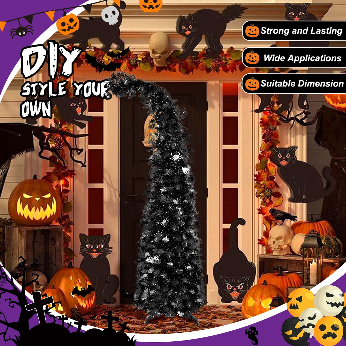 Ayieyill 5ft Halloween Tree Prelit, Pencil Pop up Tree with Light Halloween Decoration | Indoor | Black