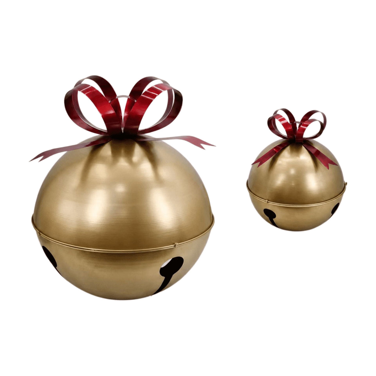 Luckky Oversized Gold Christmas Jingle Bell Ornament with Red Bow, Large Metal Sleigh Bell Decor, Giant Decorative Bell for Porch, Yard, Indoor Outdoor Christmas Holiday Display, Set Of 2