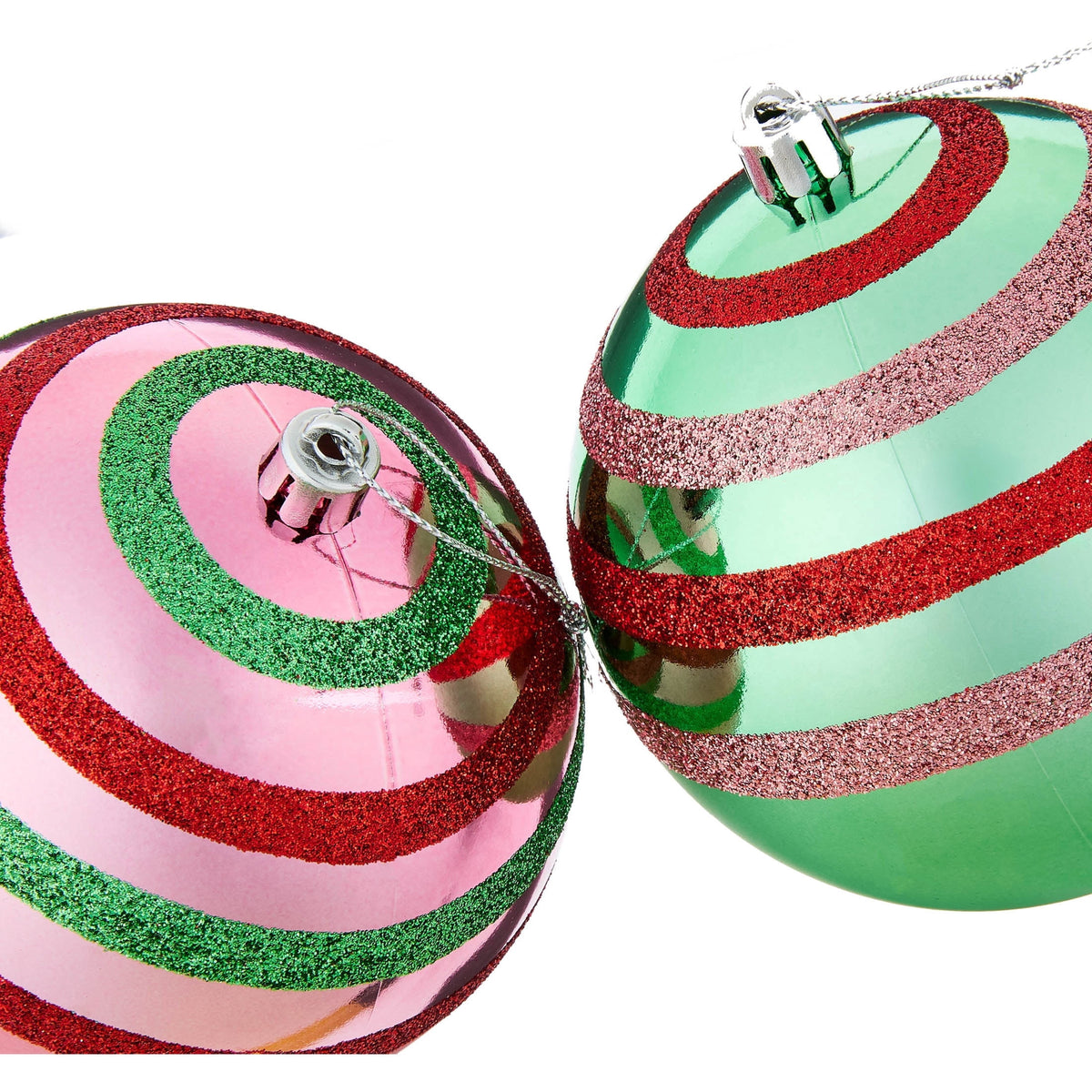 4-Count Metallic Pink and Green Glitter Stripes Ball Shatterproof Christmas Ornaments, 4.5", by Holiday Time